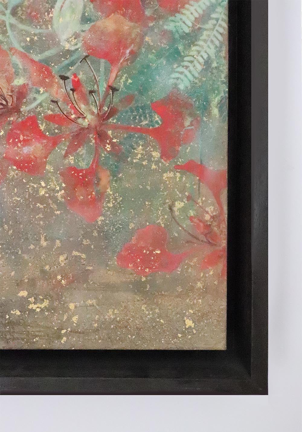 Summer II is a unique painting by contemporary artist Yiching Chen. The painting is made with mineral pigments and gold leaves on Japanese paper mounted on wood, dimensions are 50 × 20 cm (19.7 × 7.9 in). 
The artwork is signed, sold framed and