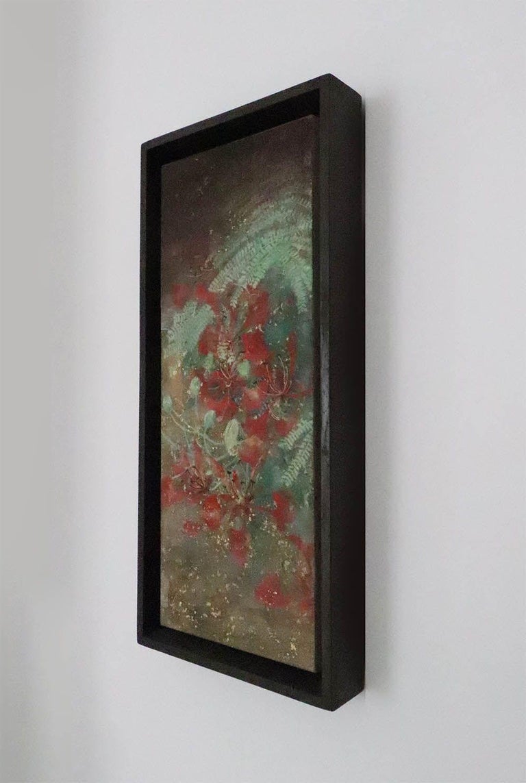 Summer II by CHEN Yiching - Nihonga painting, vertical, flora, green and red - Contemporary Painting by Yiching Chen