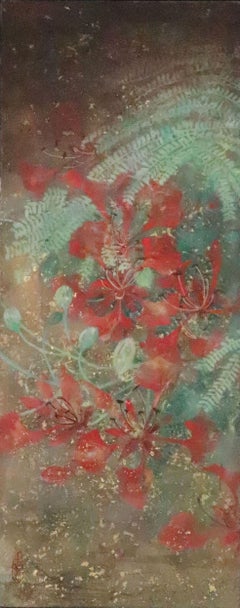 Summer II by CHEN Yiching - Nihonga painting, vertical, flora, green and red