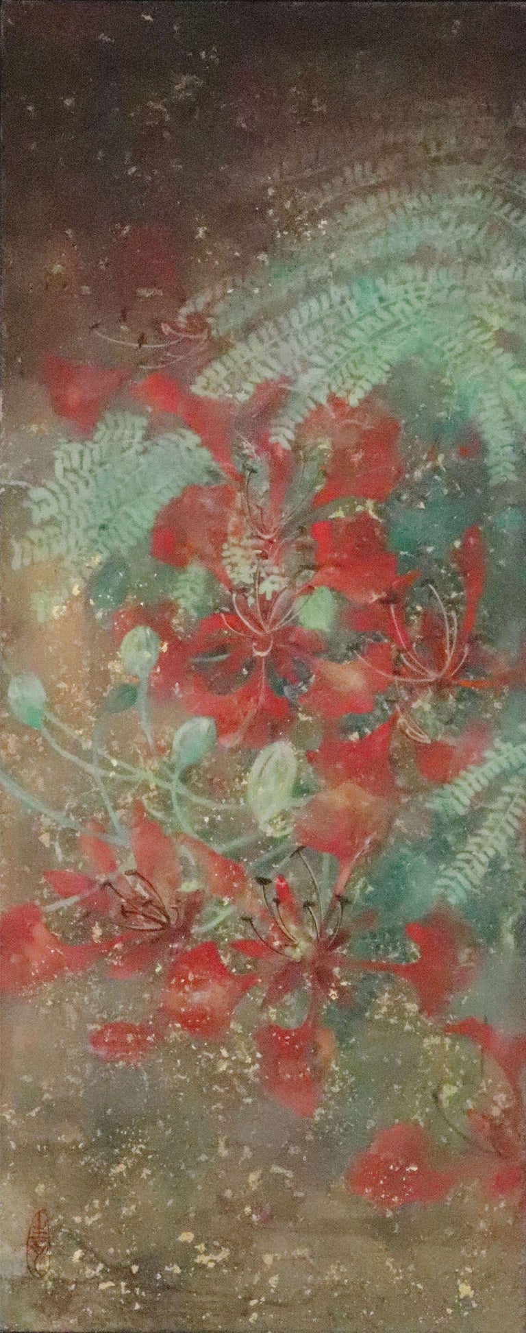 Yiching Chen Landscape Painting - Summer II by CHEN Yiching - Nihonga painting, vertical, flora, green and red