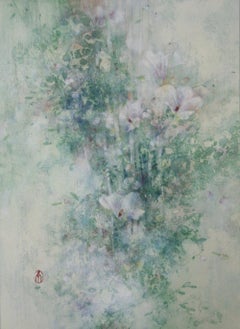 Summer Rain by CHEN Yiching - Contemporary Nihonga painting, flowers, green