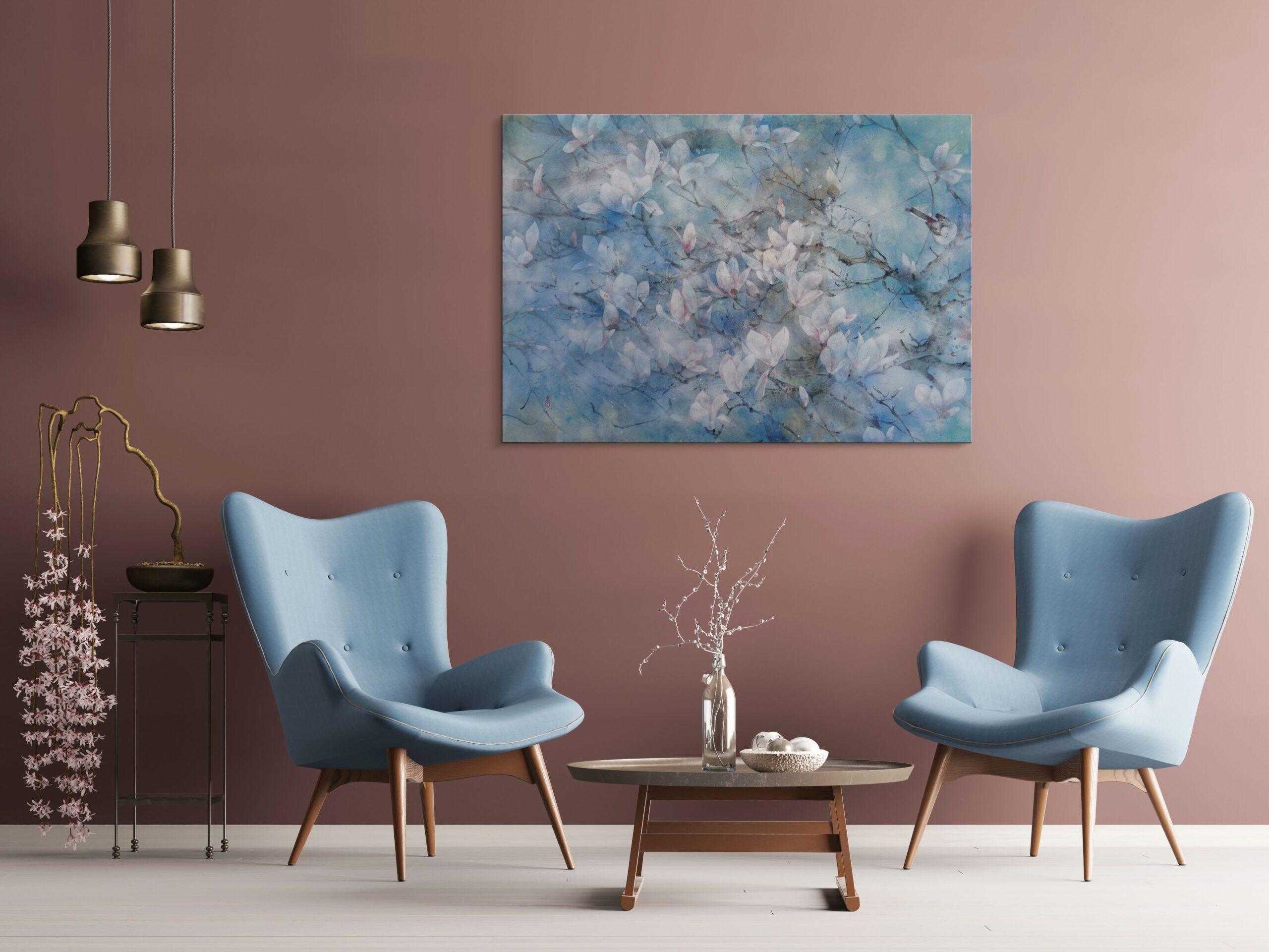 The spring wind by Chen Yiching - Contemporary nihonga painting, magnolia flower - Painting by Yiching Chen