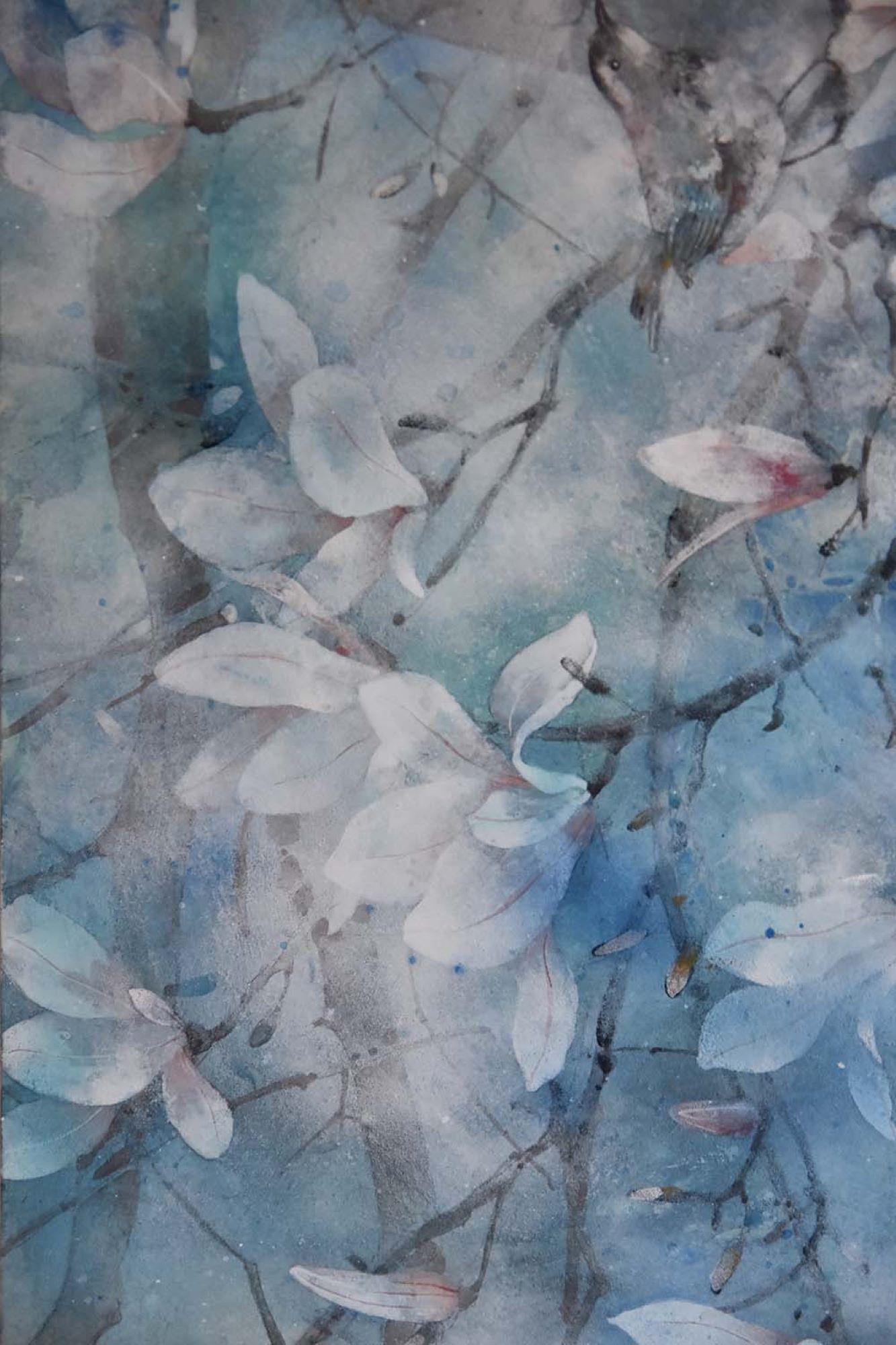The spring wind is a unique painting by contemporary artist Chen Yiching. The painting is made with mineral pigments on Japanese paper mounted on wood, dimensions are 70 × 100 cm (27.6 × 39.4 in). Dimensions of the framed (white shadow box) artwork
