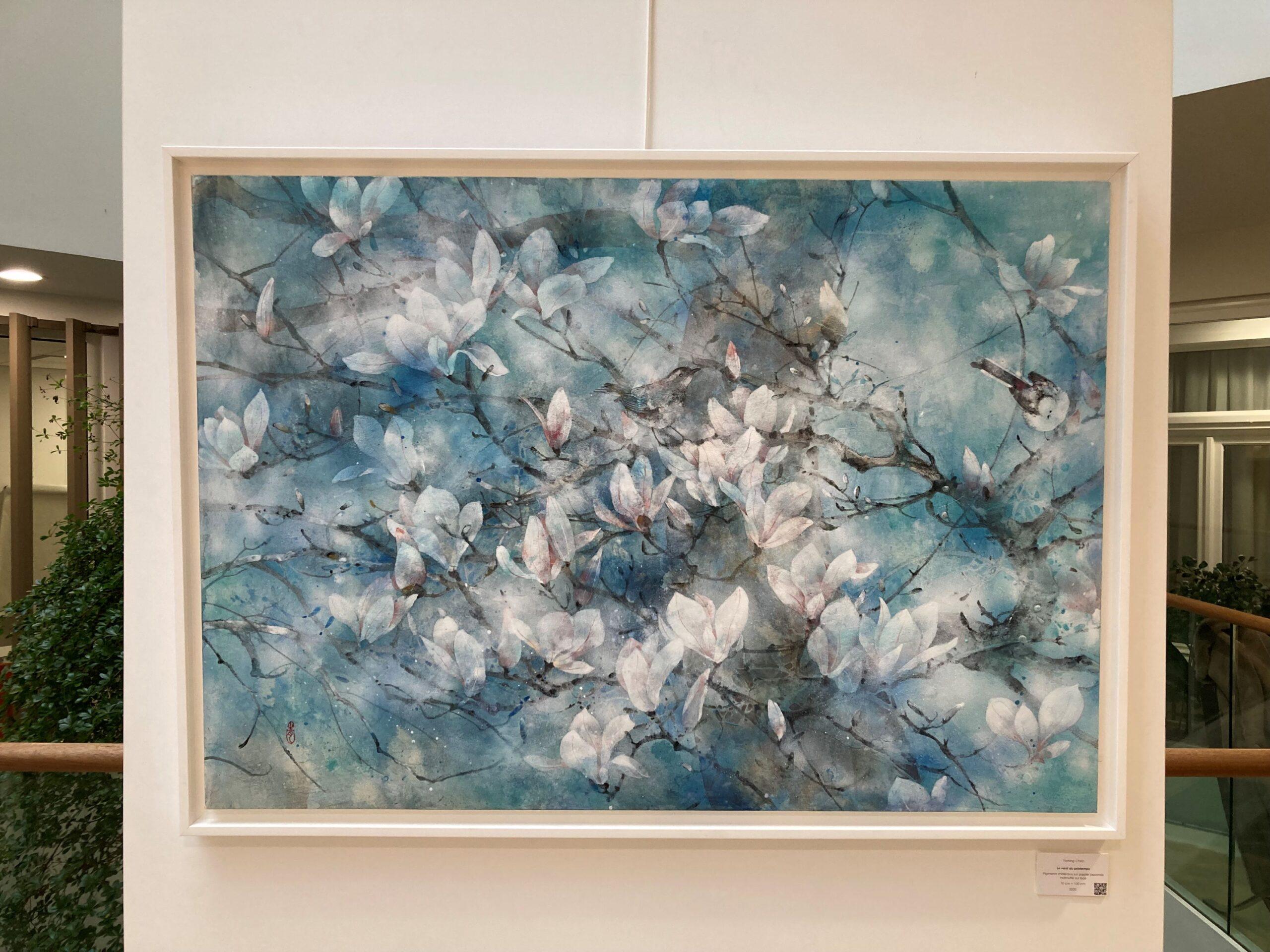 The spring wind by Chen Yiching - Contemporary nihonga painting, magnolia flower For Sale 4