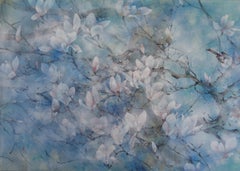 The Spring Wind by CHEN Yiching - Japanese Painting, flowers, birds, blue