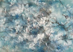 The Spring Wind by CHEN Yiching - Japanese Painting, flowers, birds, blue