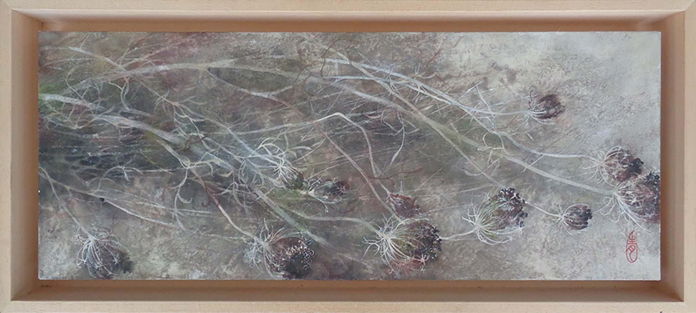 Umbel is a unique painting by contemporary artist Chen Yiching. The painting is made with mineral pigments on Japanese paper mounted on wood, dimensions are 20 × 50 cm (7.9 × 19.7 in). Dimensions of the framed (american wooden frame) artwork are 25
