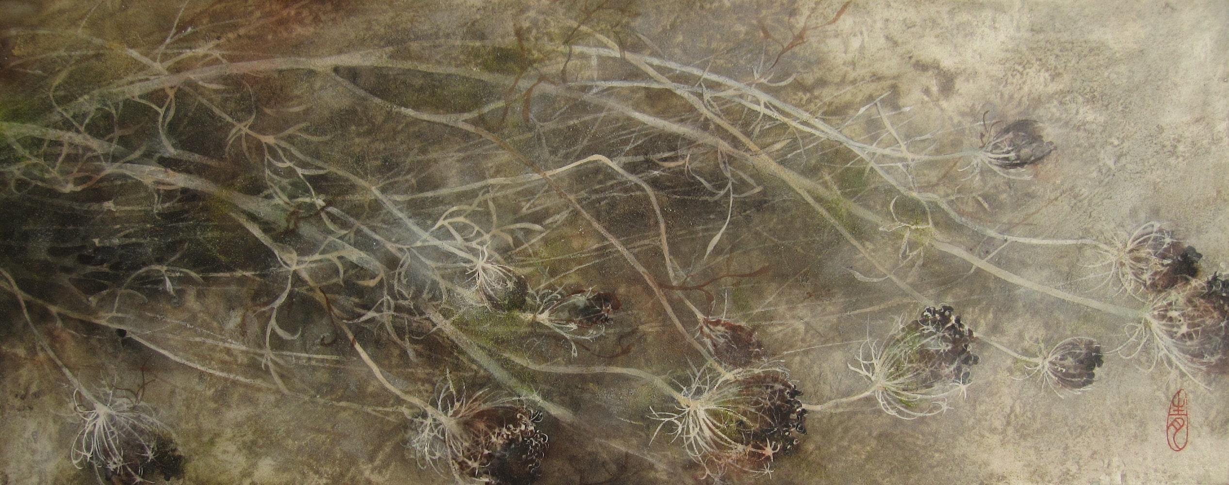 Umbel by Chen Yiching - Contemporary nihonga painting, flora, earth tones - Mixed Media Art by Yiching Chen