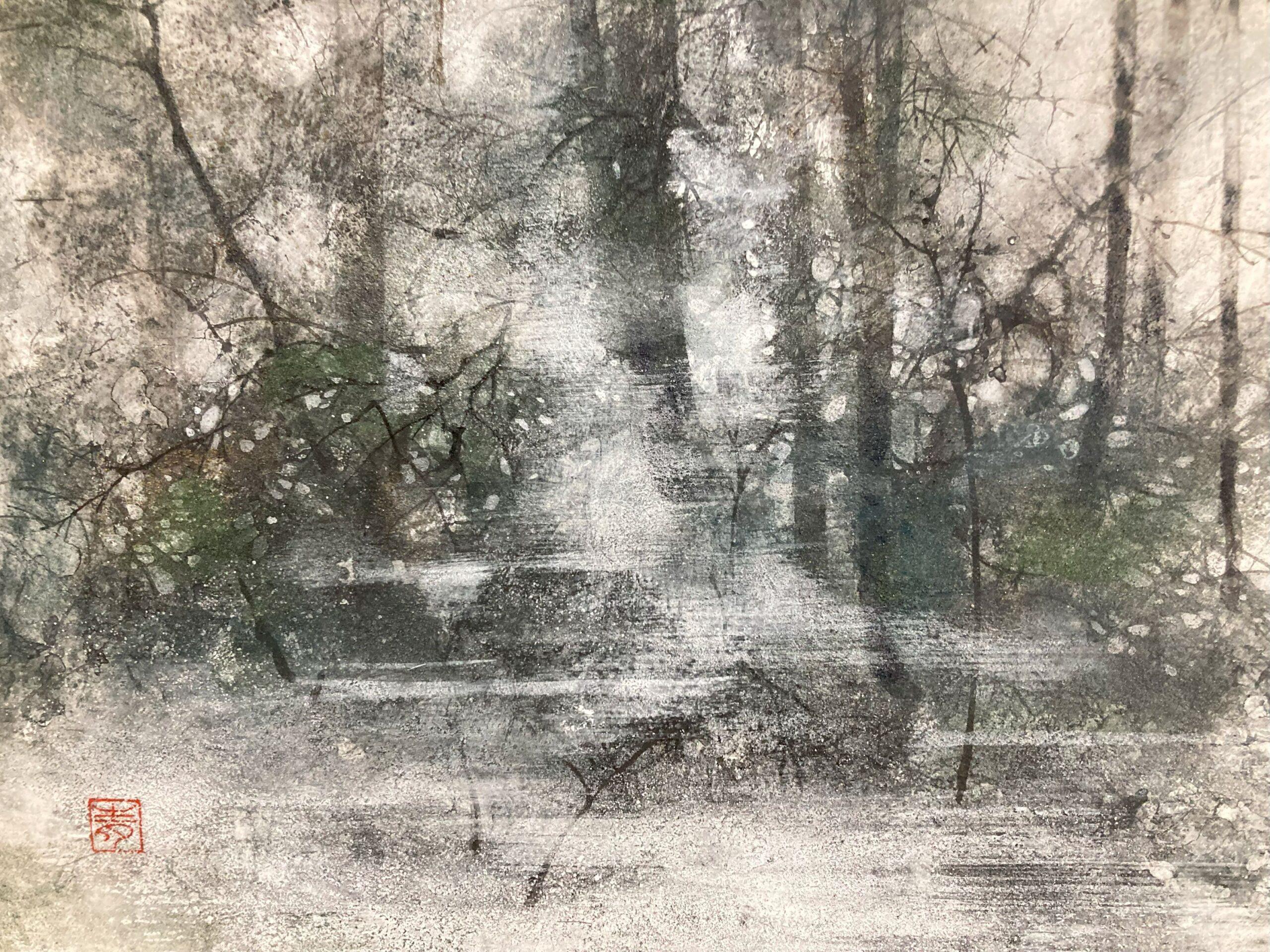 Vincennes Forest von CHEN Yiching – Zeitgenössisches Nihonga-Gemälde in dunklen Tönen im Angebot 3