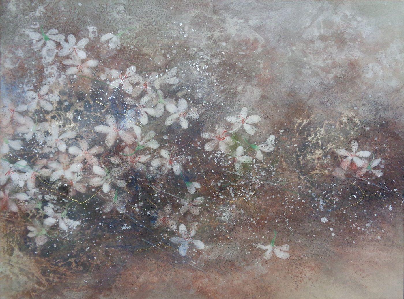 Wind by Chen Yiching - Peinture nihonga contemporaine, fleurs, blanc - Mixed Media Art de Yiching Chen