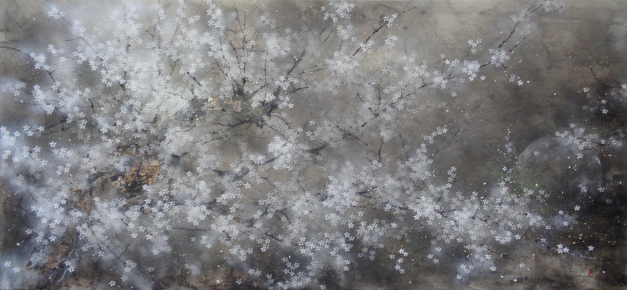 Yozakura by CHEN Yiching - Contemporary Nihonga painting, flowering tree - Mixed Media Art by Yiching Chen