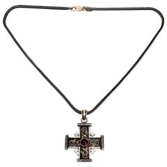 Vintage Yigal Avinoam Sterling Silver/14 Karat Gold Crusaders Cross with Wheat Chain