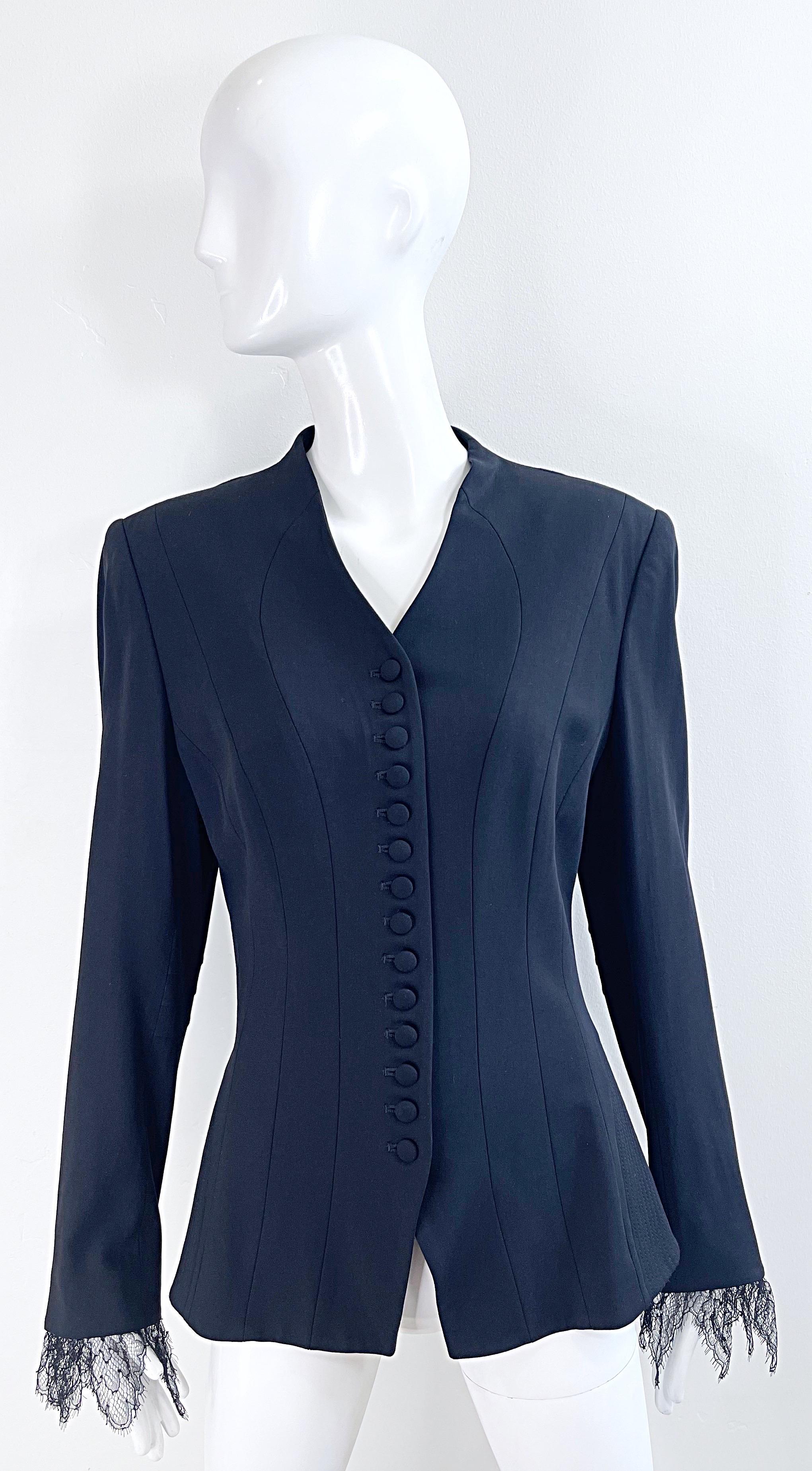 Yigal Azrouel 2000s Size 8 Black Vintage Blazer Jacket w/ Lace Sleeves In Excellent Condition For Sale In San Diego, CA