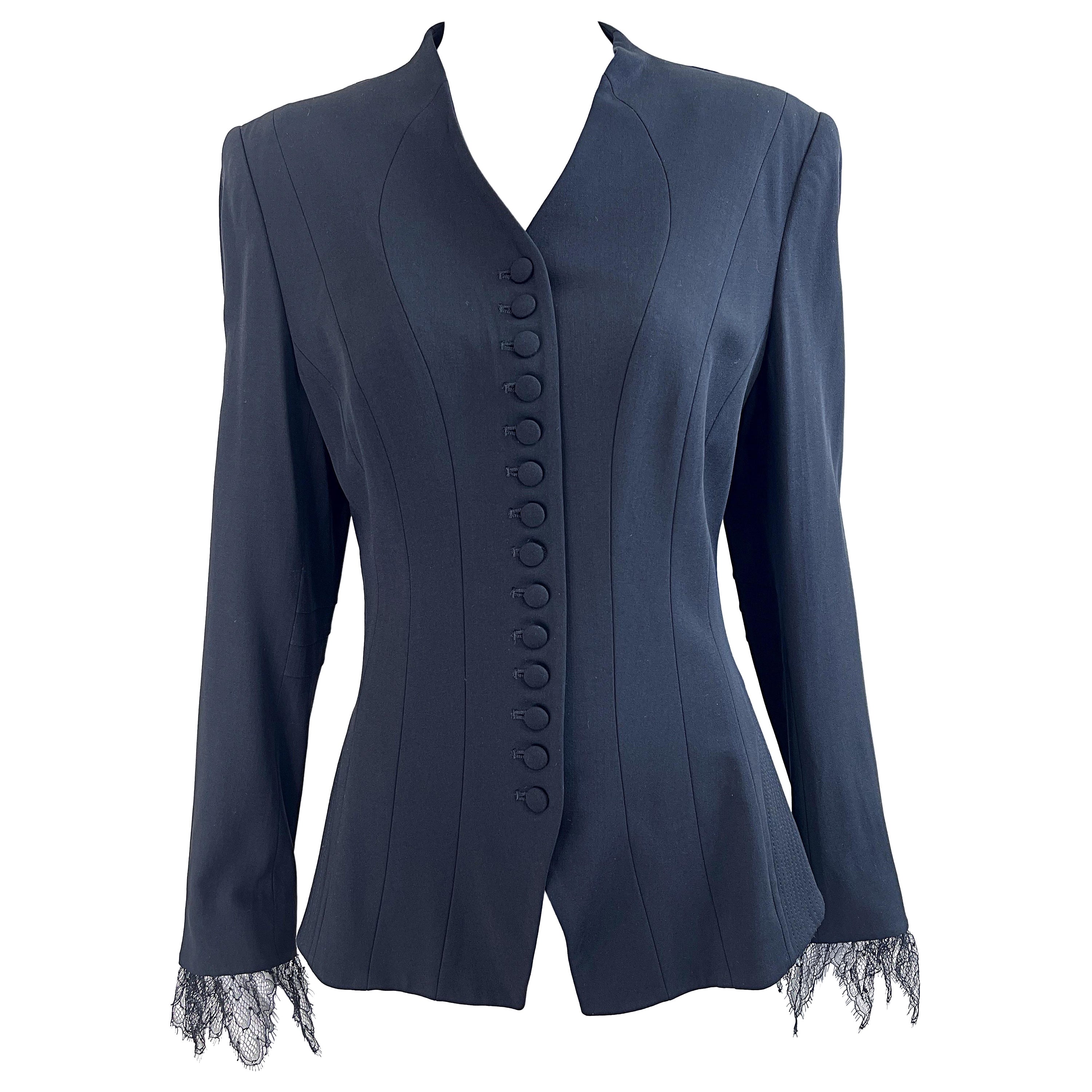 Yigal Azrouel 2000s Talla 8 Chaqueta blazer vintage negra con mangas de encaje