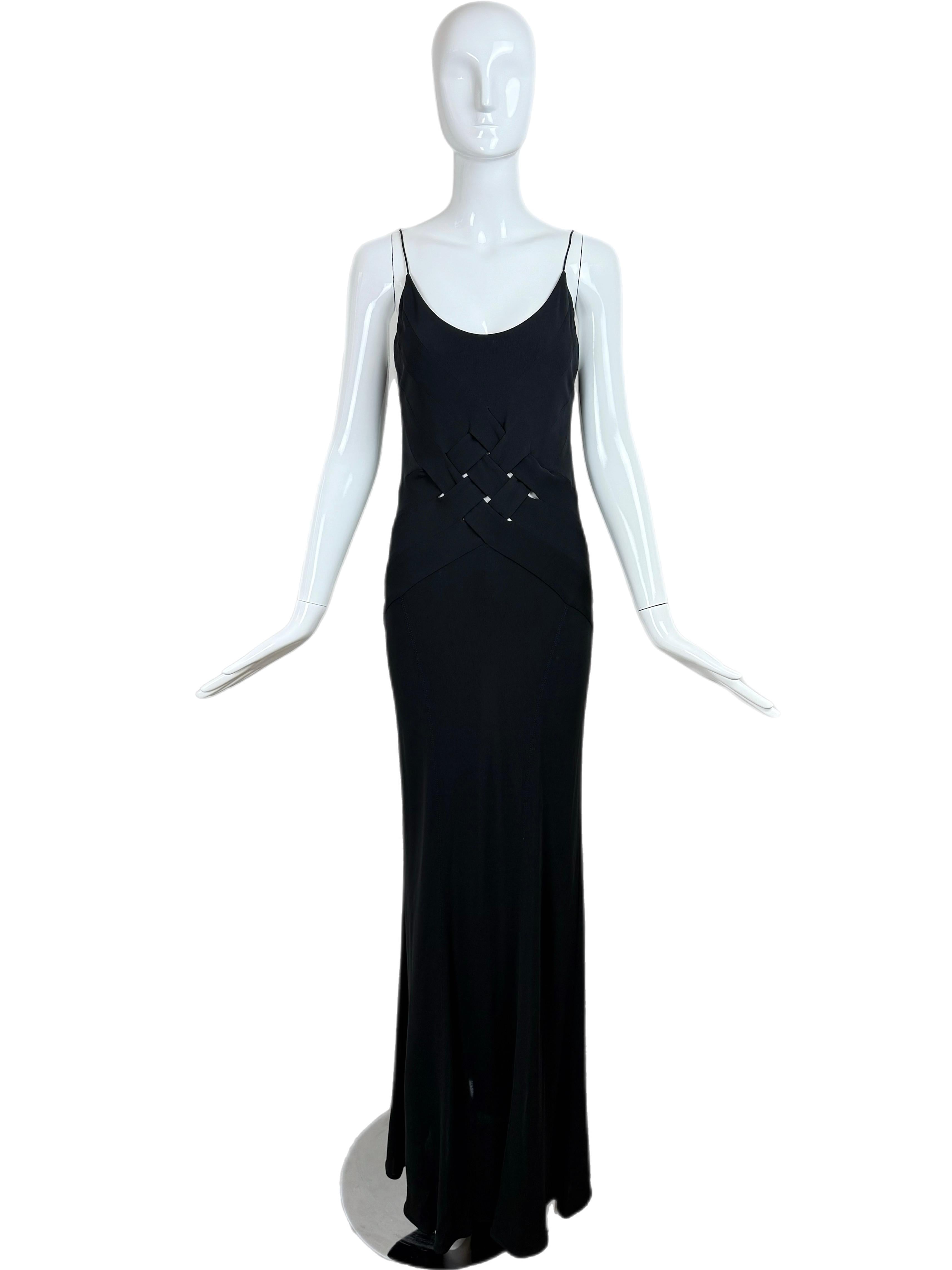 YIGAL AZROUEL 90's/00 Vintage Black Evening Gown w. Lattice Weave CutOut Middle For Sale 2