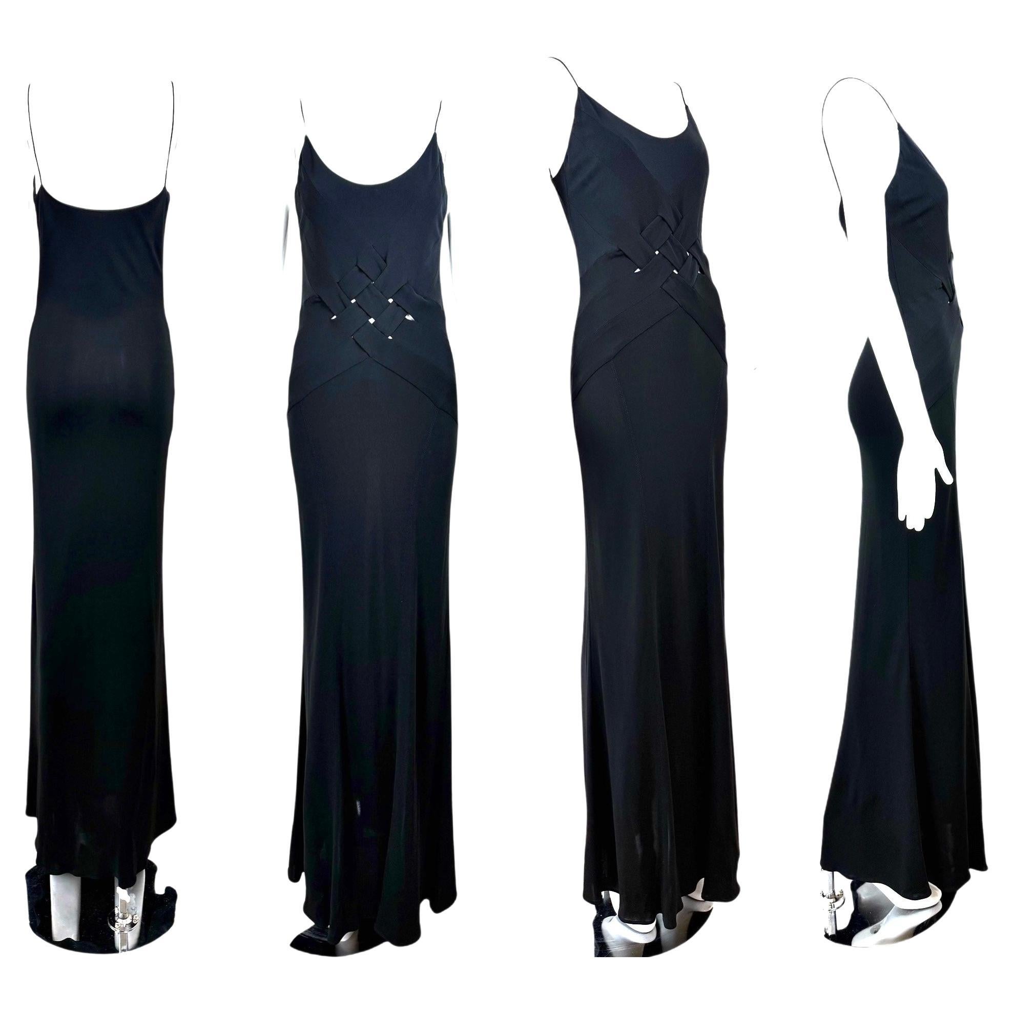 YIGAL AZROUEL 90's/00 Vintage Black Evening Gown w. Lattice Weave CutOut Middle For Sale