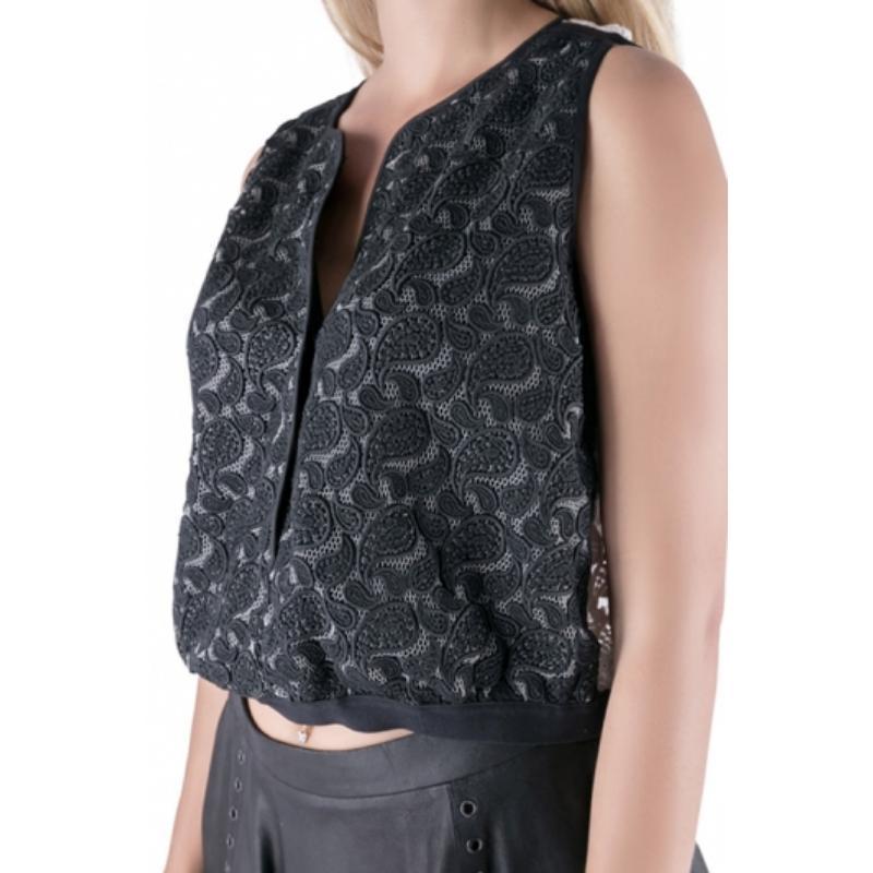 Yigal Azrouel Jet Optic Paisley besticktes Spitzen-Crop-Top M (Schwarz) im Angebot