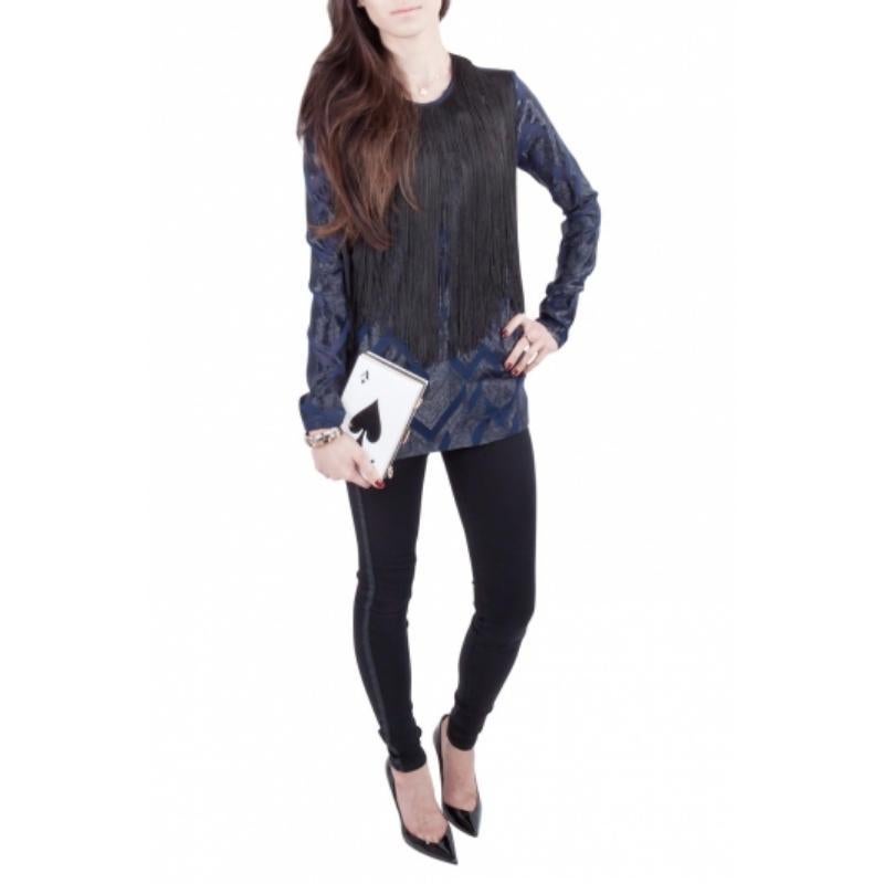 Donna Yigal Azrouel Camicetta blu navy con motivo Chevron e frange in seta S in vendita