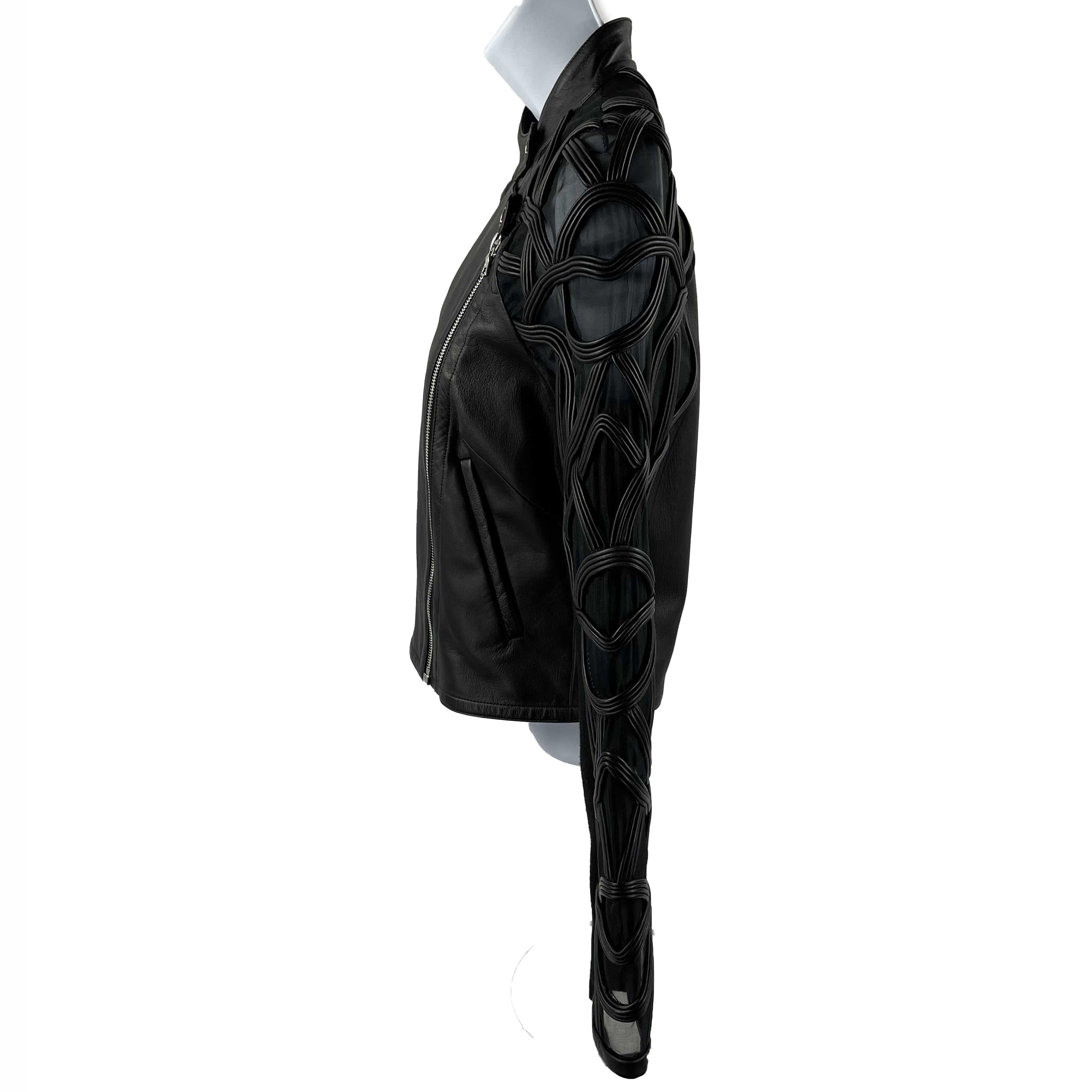Noir Yigal Azrouël Sheer Embroidered Black Leather Moto Jacket 2 / XS