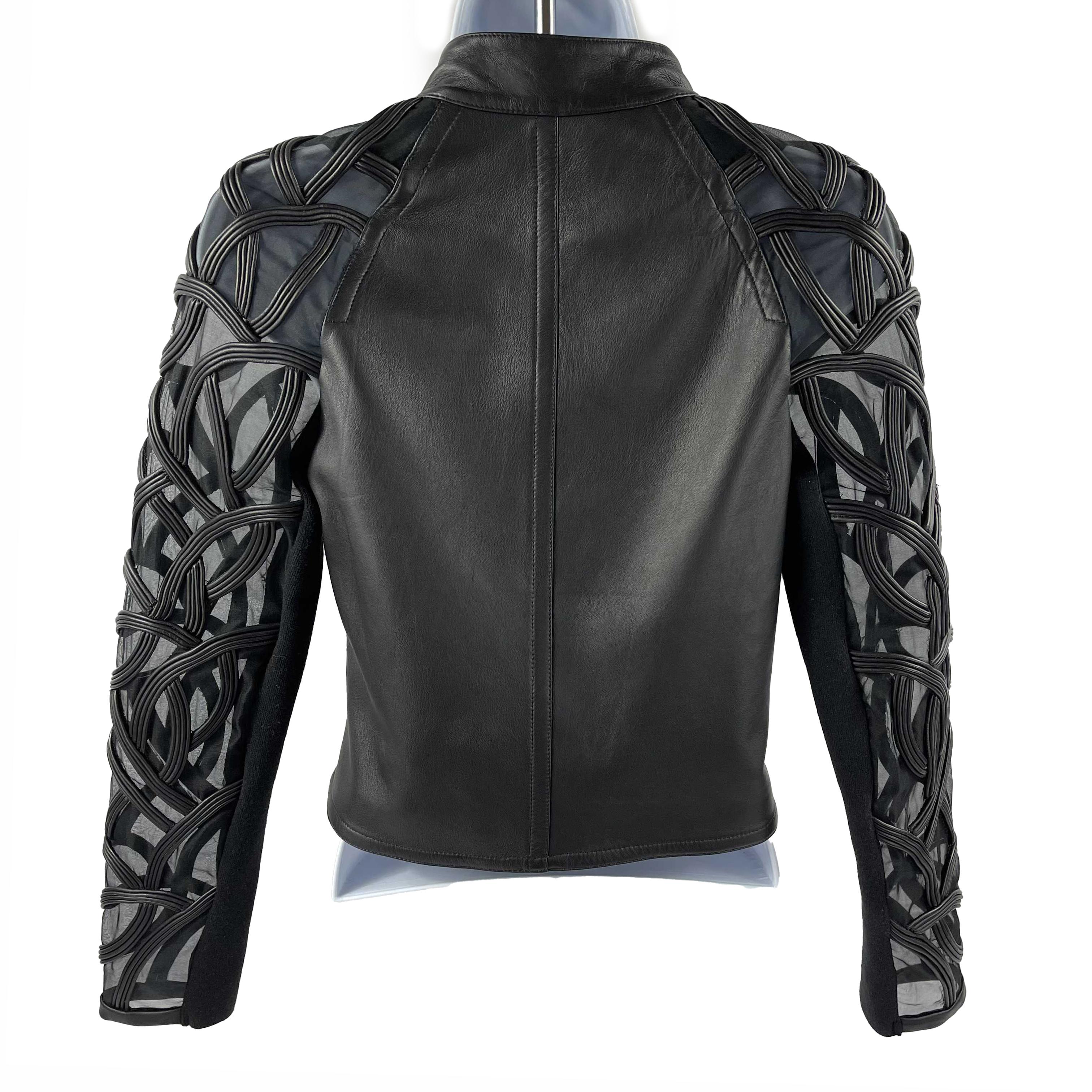 Yigal Azrouël Sheer Embroidered Black Leather Moto Jacket 2 / XS Neuf à Sanford, FL