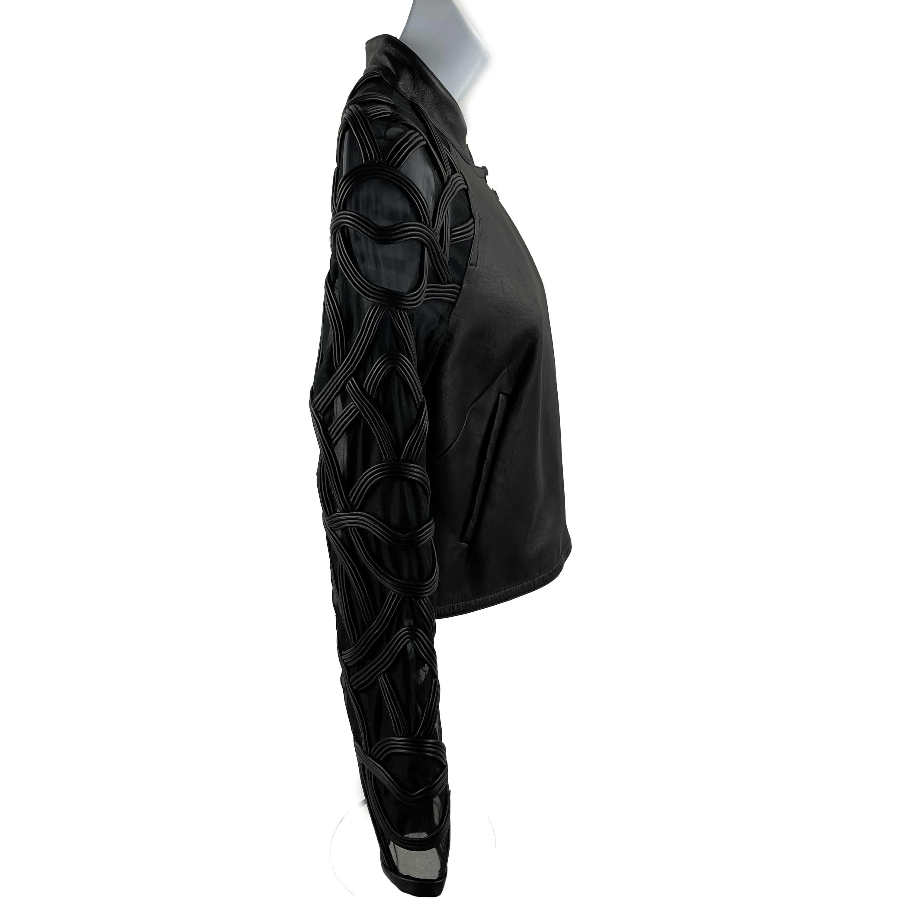 Yigal Azrouël Sheer Embroidered Black Leather Moto Jacket 2 / XS 3