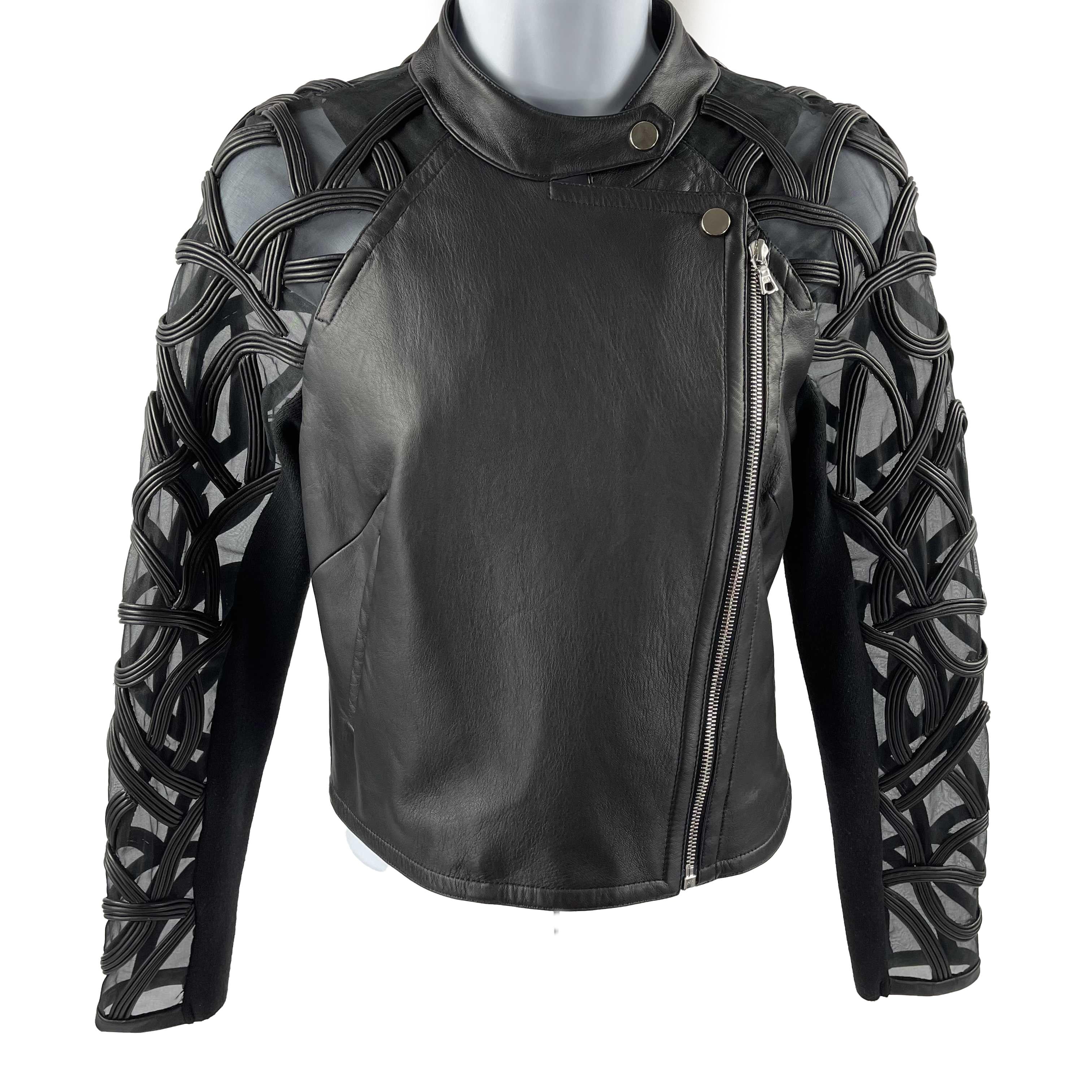 Yigal Azrouël Sheer Embroidered Black Leather Moto Jacket 2 / XS 4