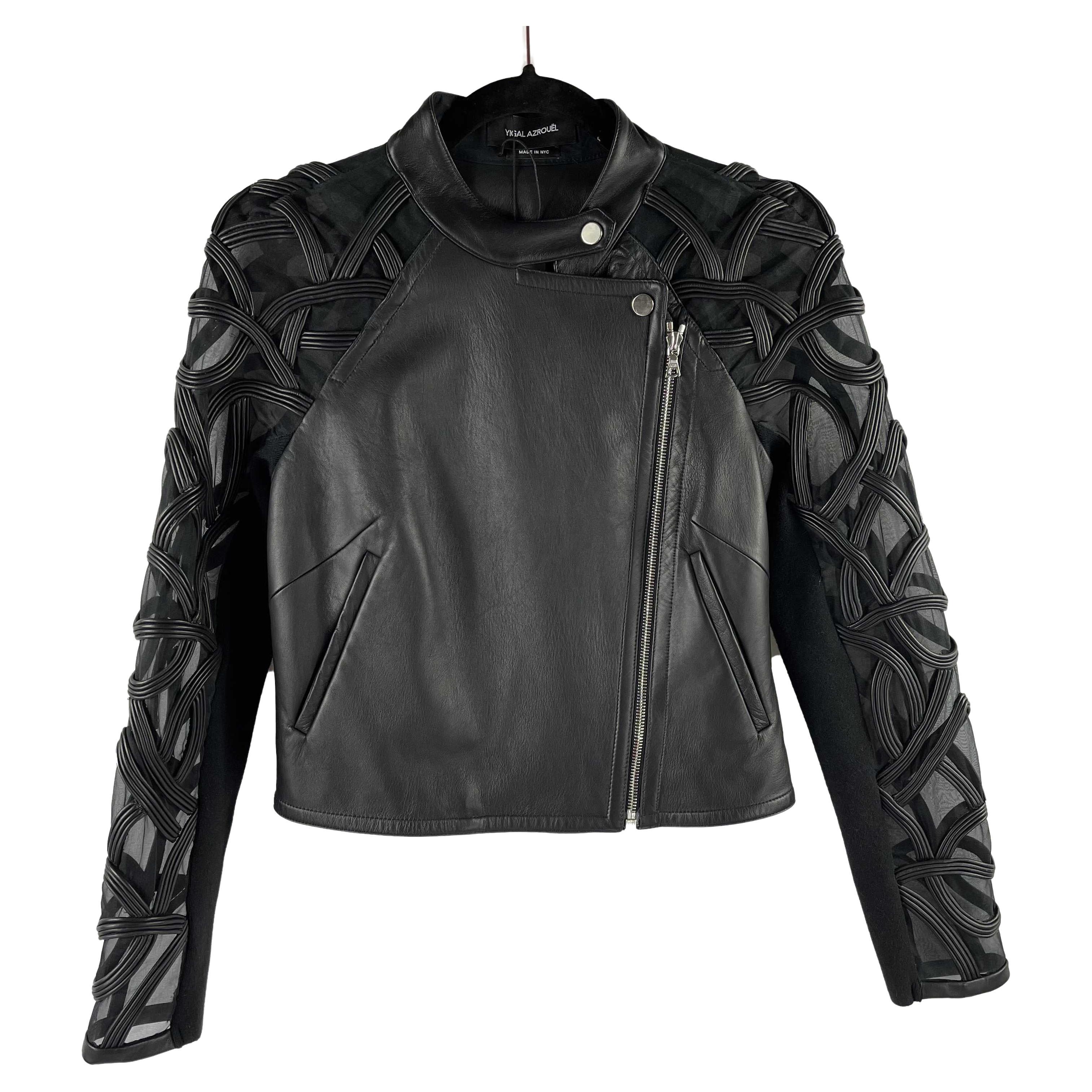 Yigal Azrouël Sheer Embroidered Black Leather Moto Jacket 2 / XS For Sale