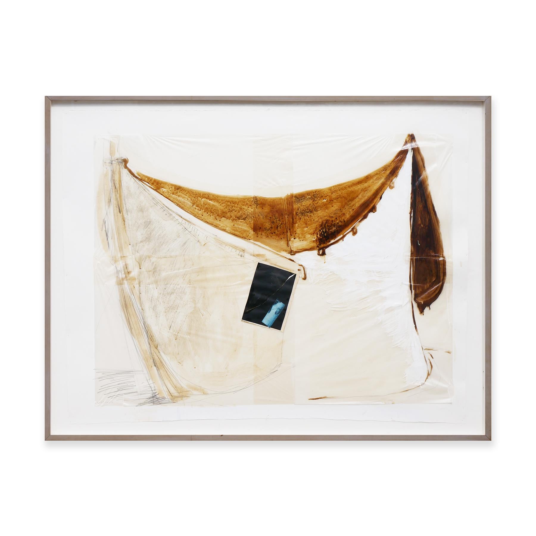 White and brown abstract mixed media painting by Israeli artist Yigal Ozeri. The piece depicts a thin translucent material with brown paint strokes resembling a curtain draping. A blue-toned photograph is also seen hanging by the material. Signed