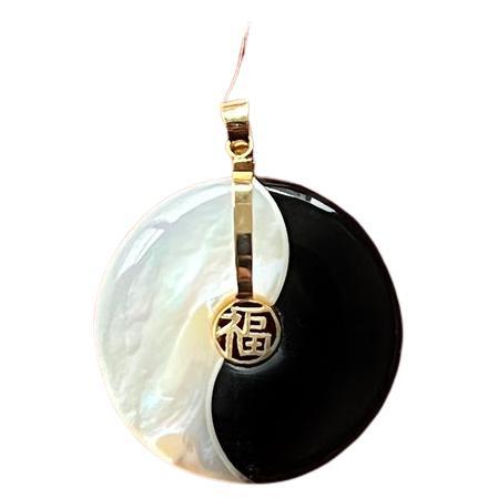 Yin And Yang Black Onyx and White Mother of Pearl Fortune Pendant with 14K Gold For Sale