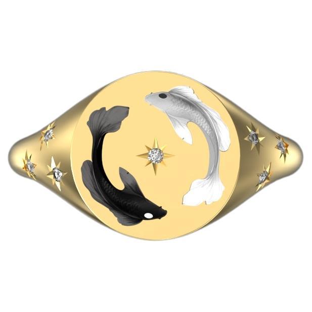Yin and Yang Dual Fish Ring, 18K Yellow Gold with Diamonds (One in U.S. SIZE 4) For Sale