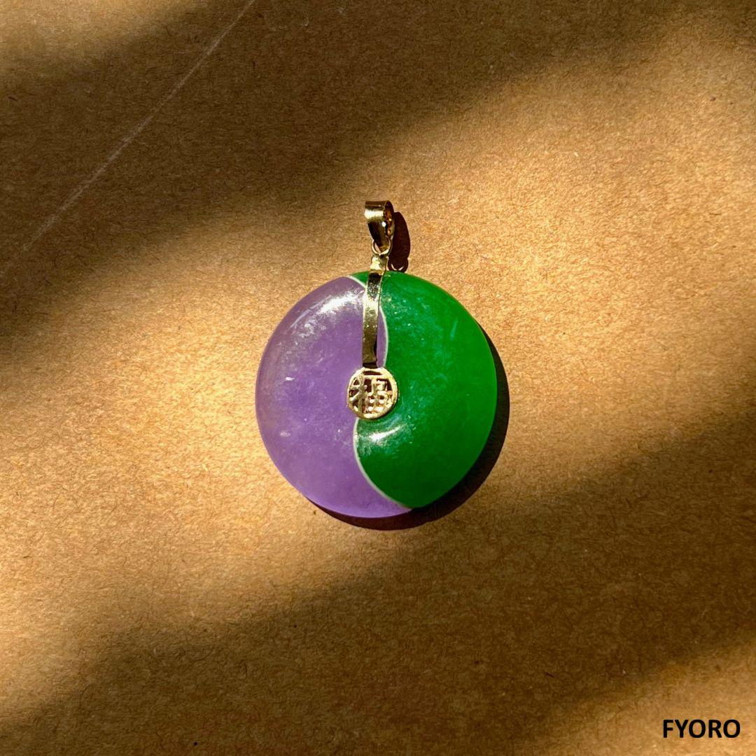 Yin and Yang Purple and Green Jade Fortune Pendant with 14K Yellow Gold For Sale 4