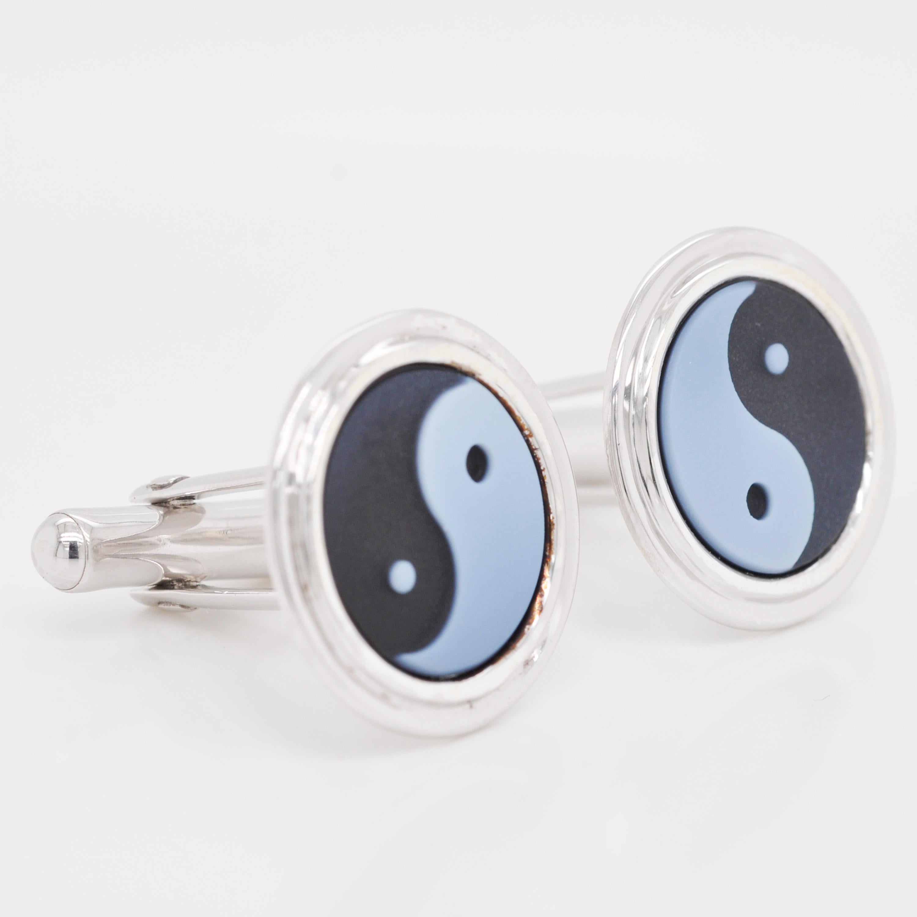 Yin Yang Agate Carving Gemstone Sterling Silver Cufflinks For Sale 2