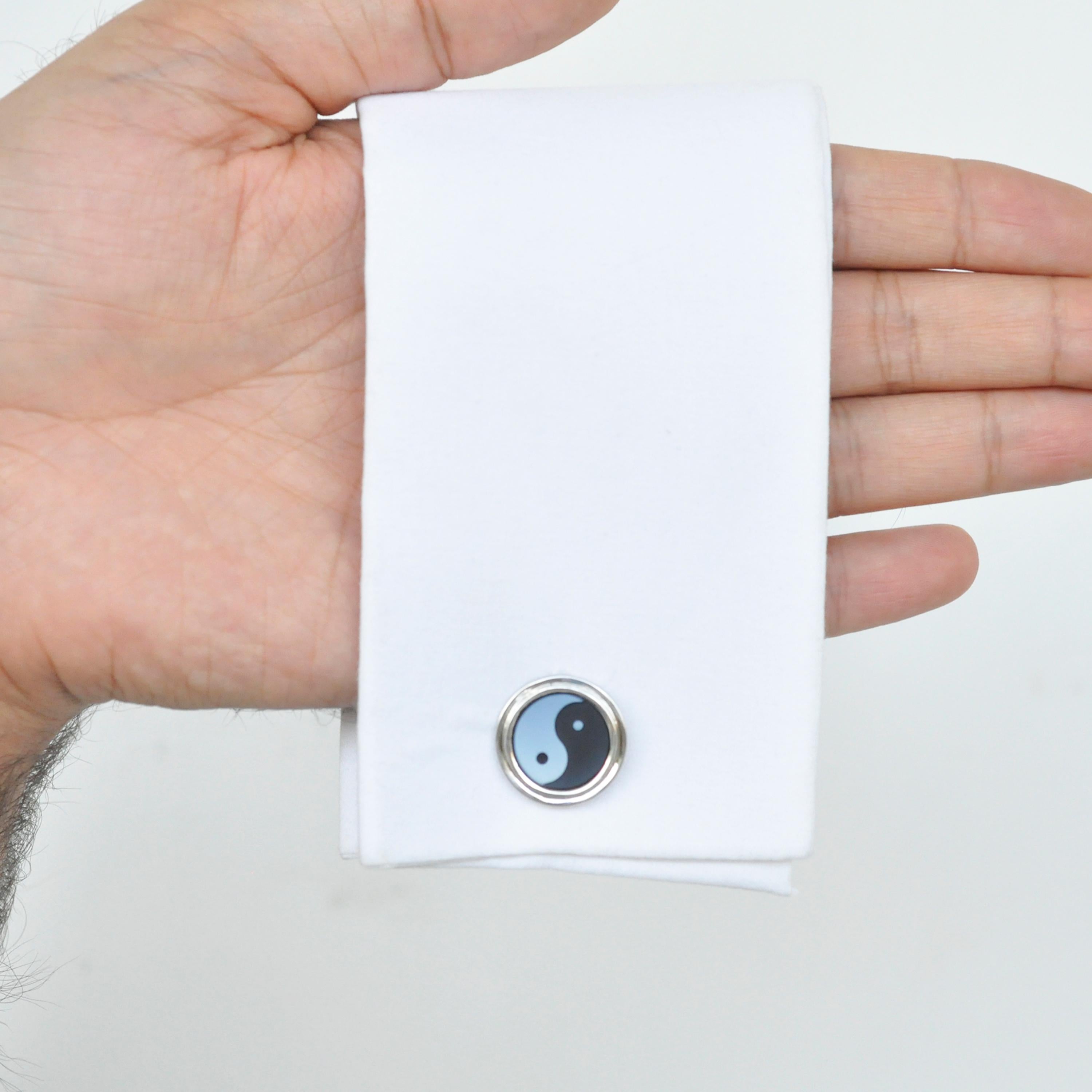 Yin Yang Agate Hand Carved Gemstone Designer Sterling Silver Cufflinks For Sale 6