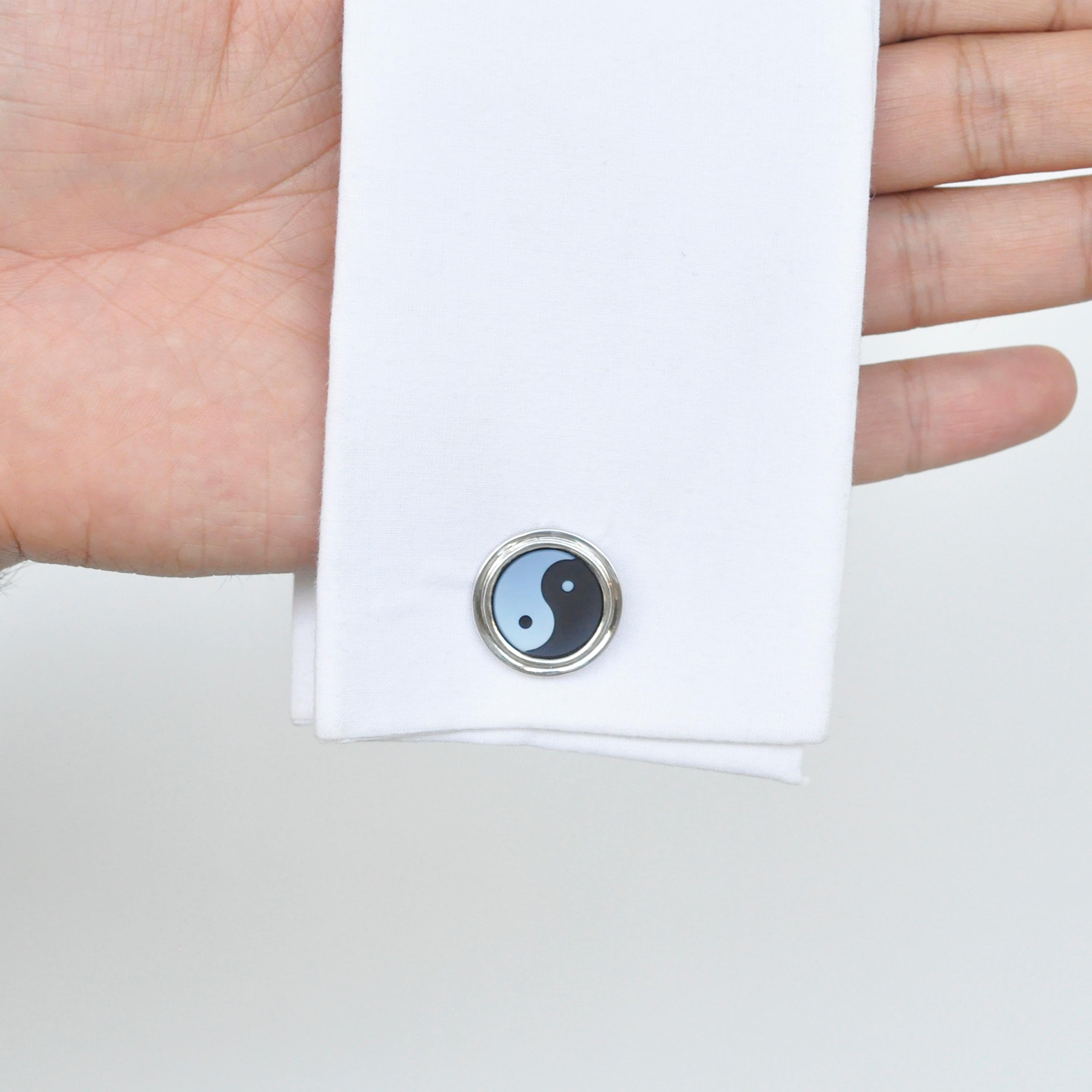 Yin Yang Agate Carving Gemstone Sterling Silver Cufflinks For Sale 8