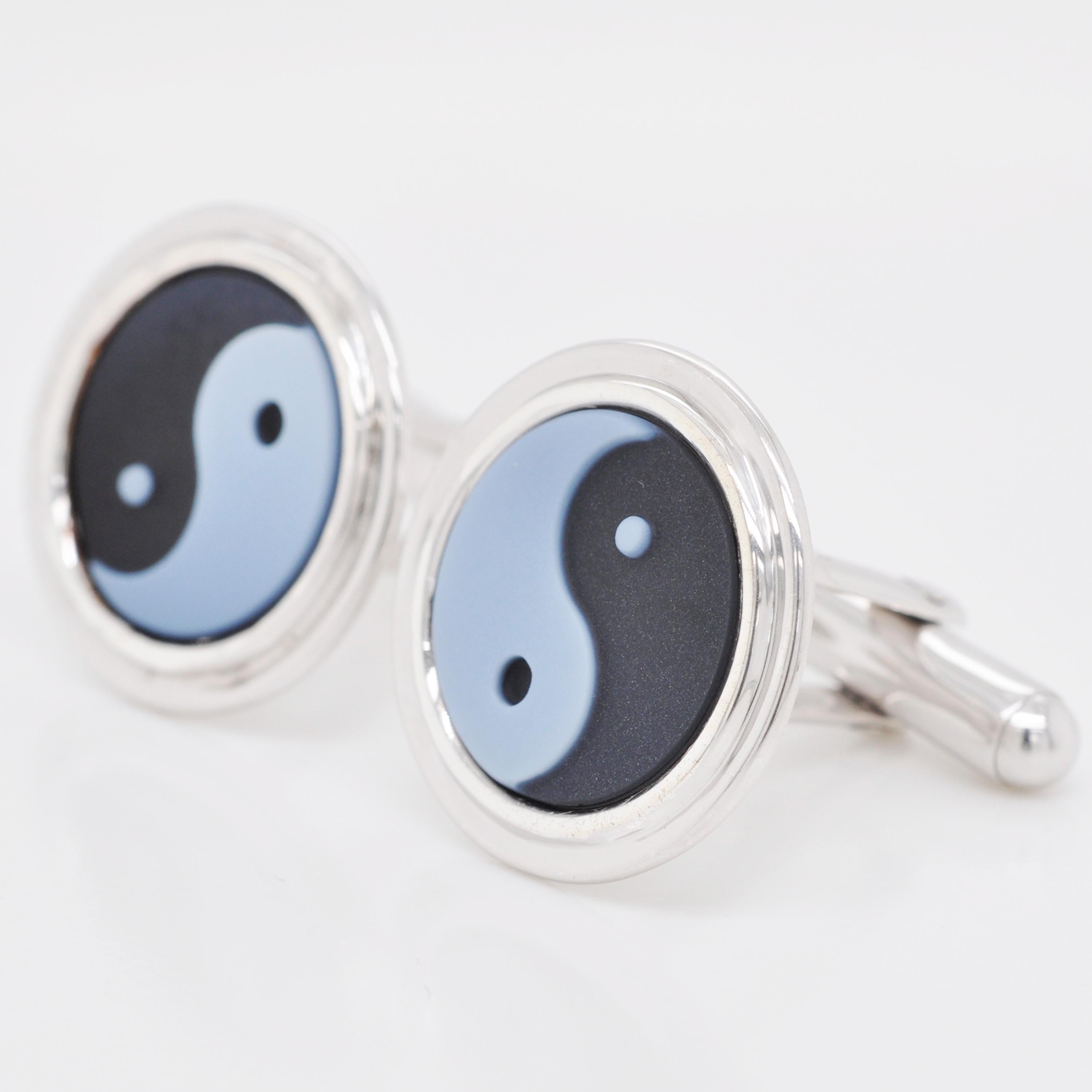 Contemporary Yin Yang Agate Hand Carved Gemstone Designer Sterling Silver Cufflinks For Sale