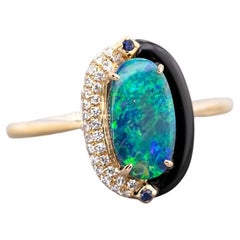 Yin-Yang Black Opal Diamond Sapphire Engagement Ring 18K Yellow Gold