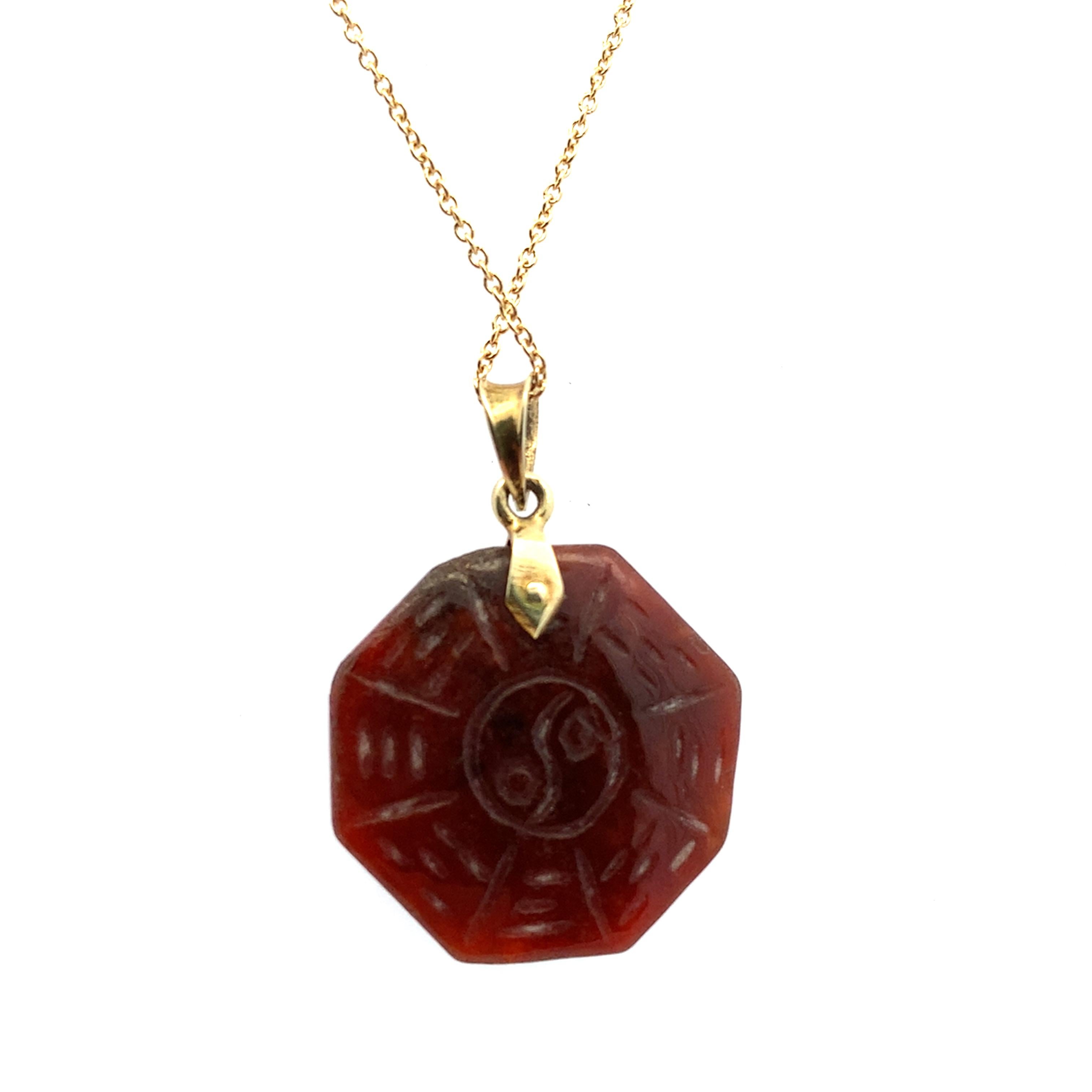 Octagon Cut Yin Yang carnelian octagon pendant necklace yellow gold For Sale