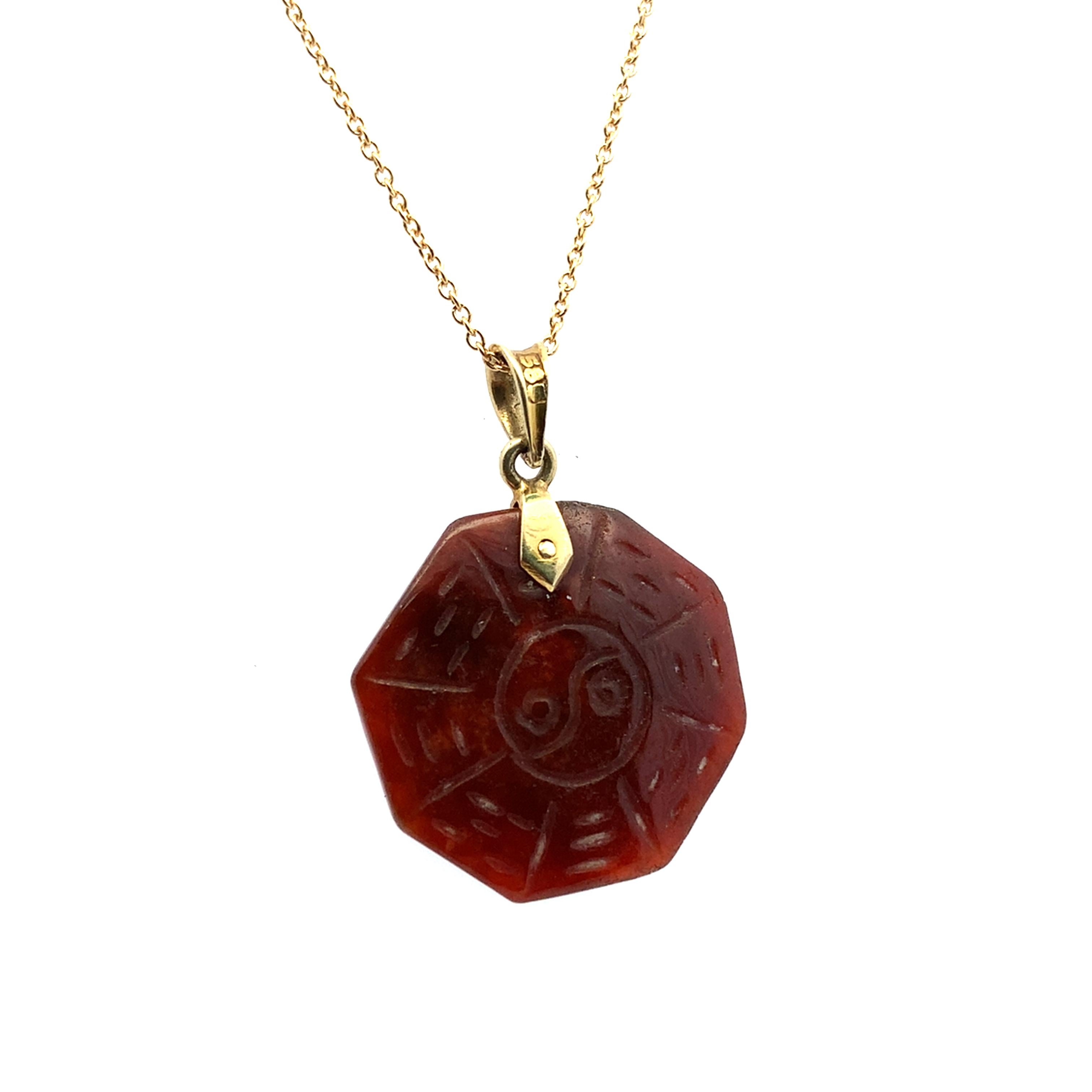 Women's or Men's Yin Yang carnelian octagon pendant necklace yellow gold For Sale