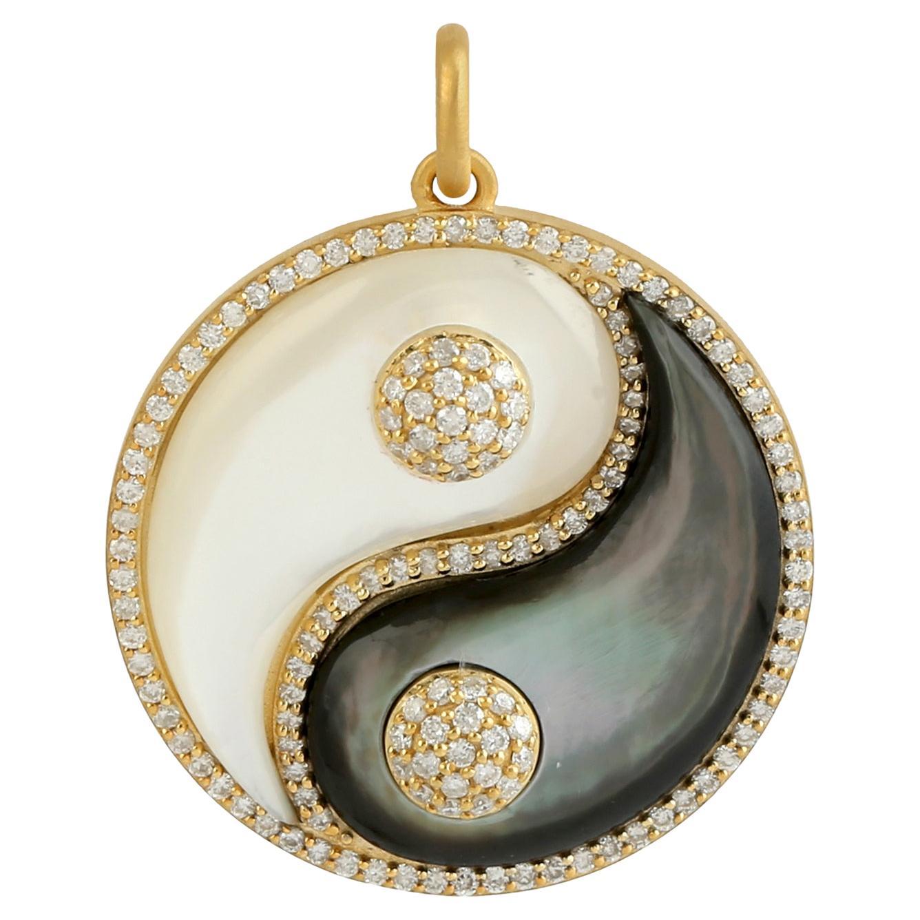 Yin Yang Charm Pendant With Mothers Of Pearl & Diamonds In 14k Gold