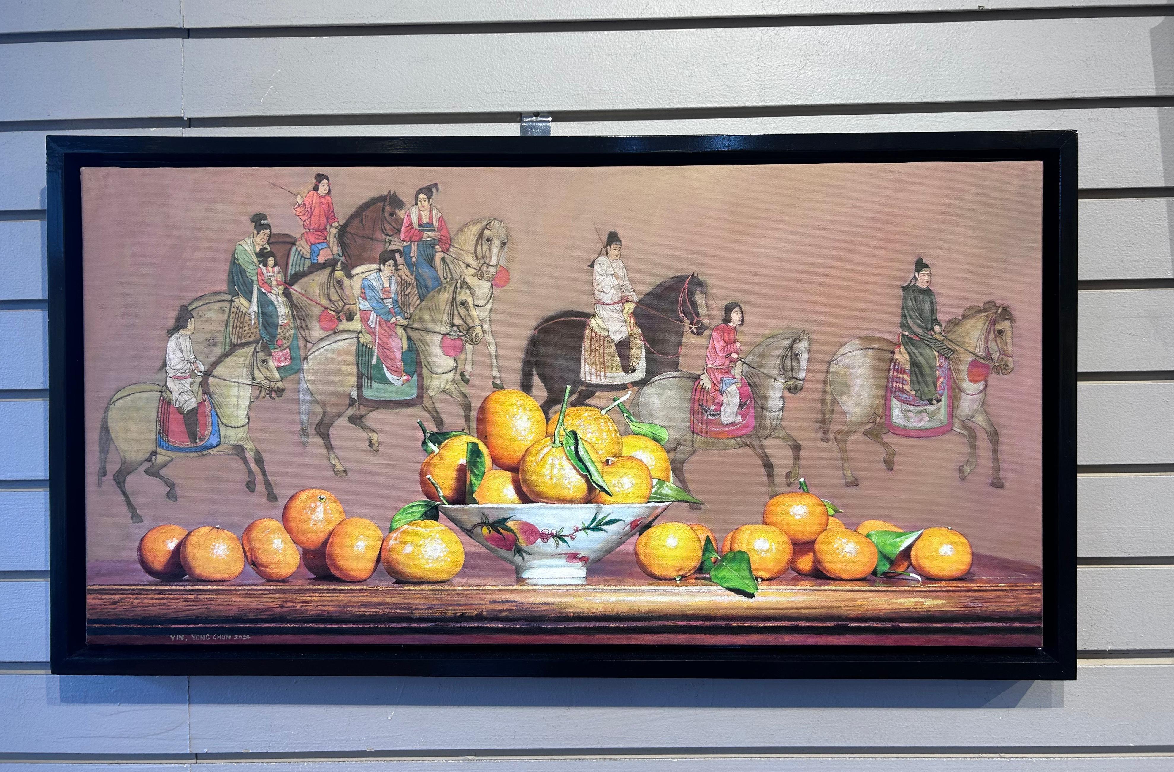 Yin Yong Chun „Stillleben mit Oranges“ 15x30 Equine Obstschale Ölgemälde im Angebot 1
