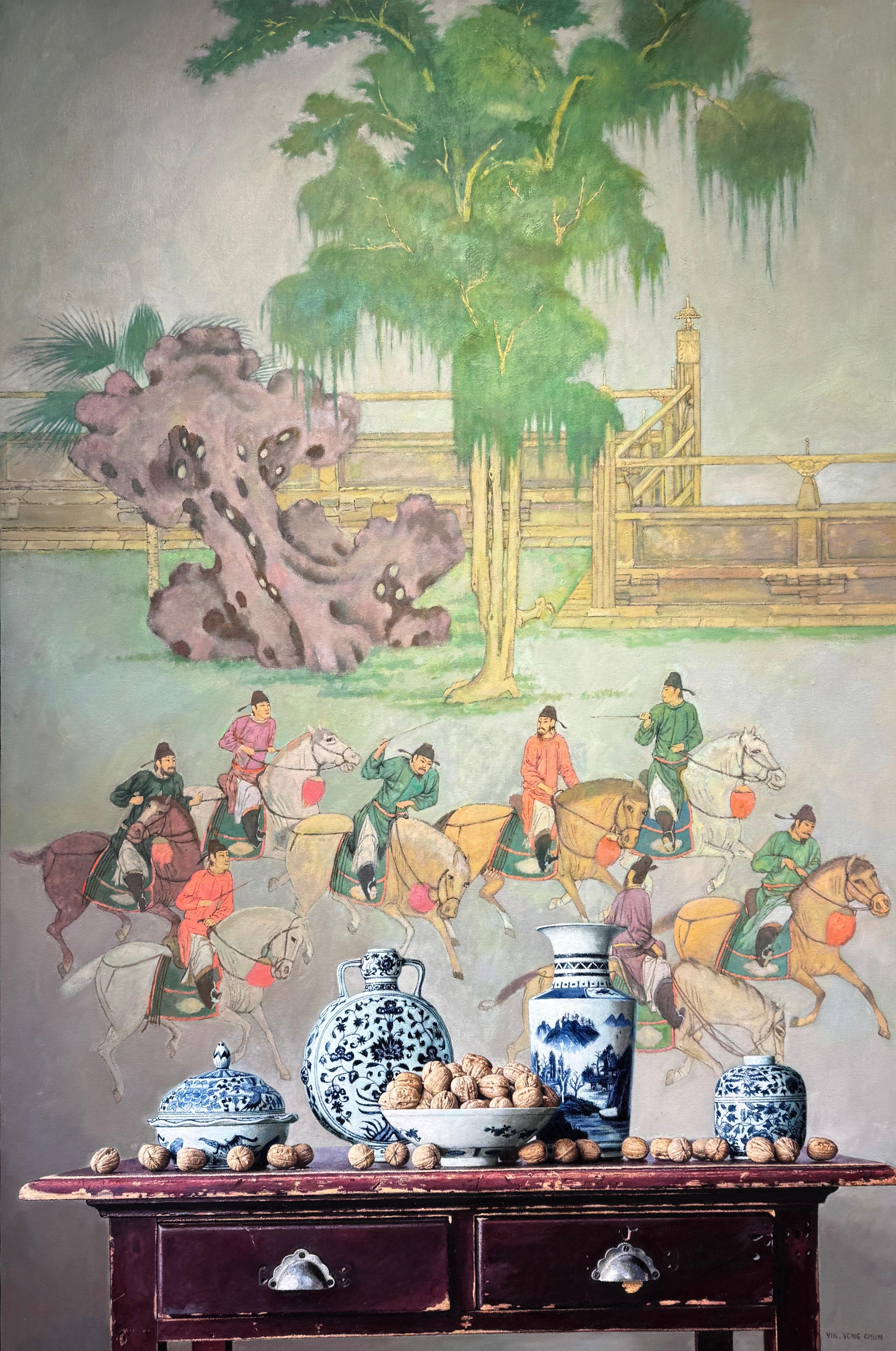 Questa natura morta, "Walnuts on Old Table" (noci su un vecchio tavolo), dell
artista Yin Yong Chun è un dipinto a olio su tela di 48x32 con diverse ciotole e contenitori in ceramica ornati di noci che traboccano. Seduto sullo splendido tavolo in