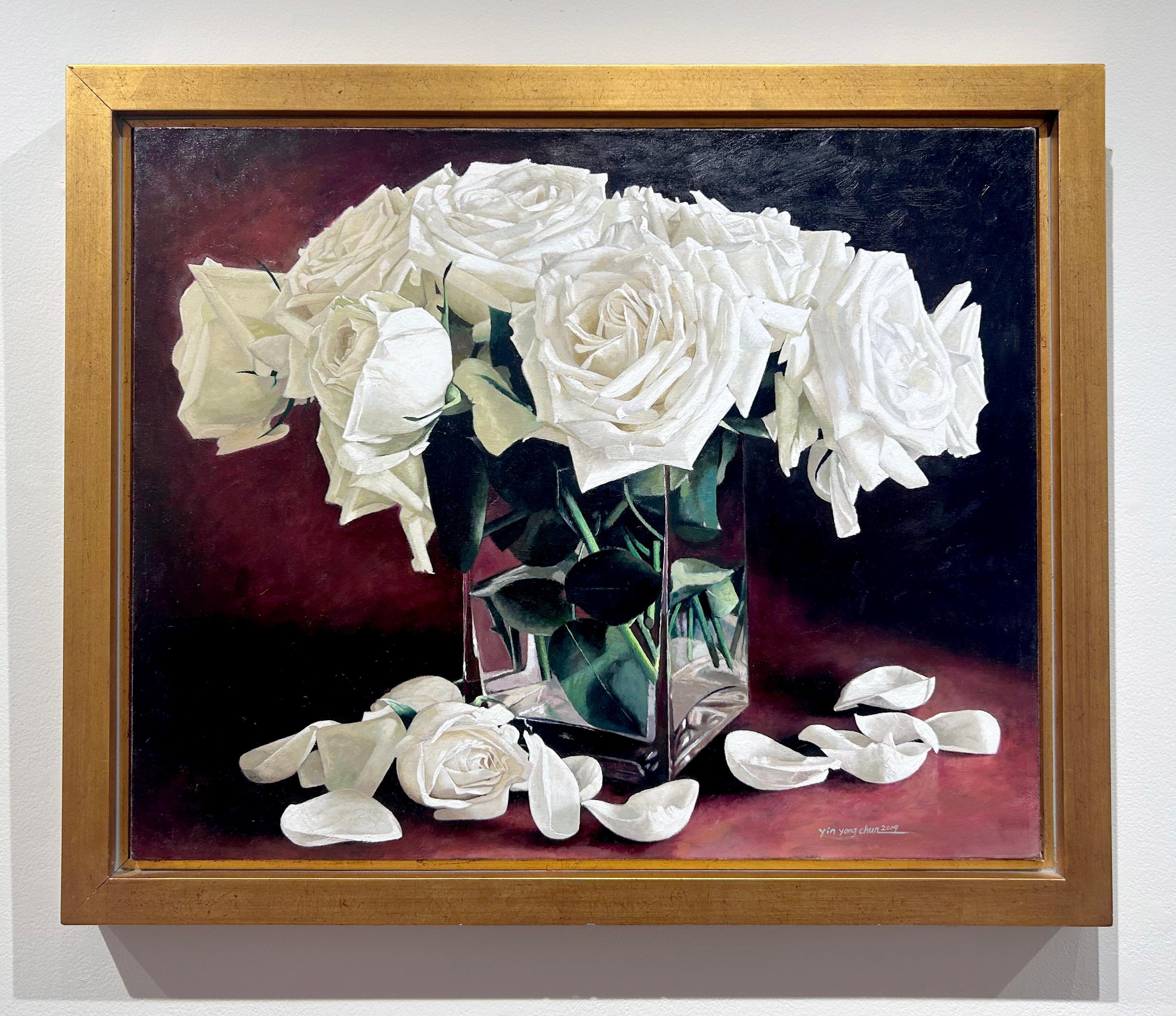 Yin Yong Chun, „Weiße Rosen“, 24x30 Blumenstillleben, Ölgemälde auf Leinwand im Angebot 1