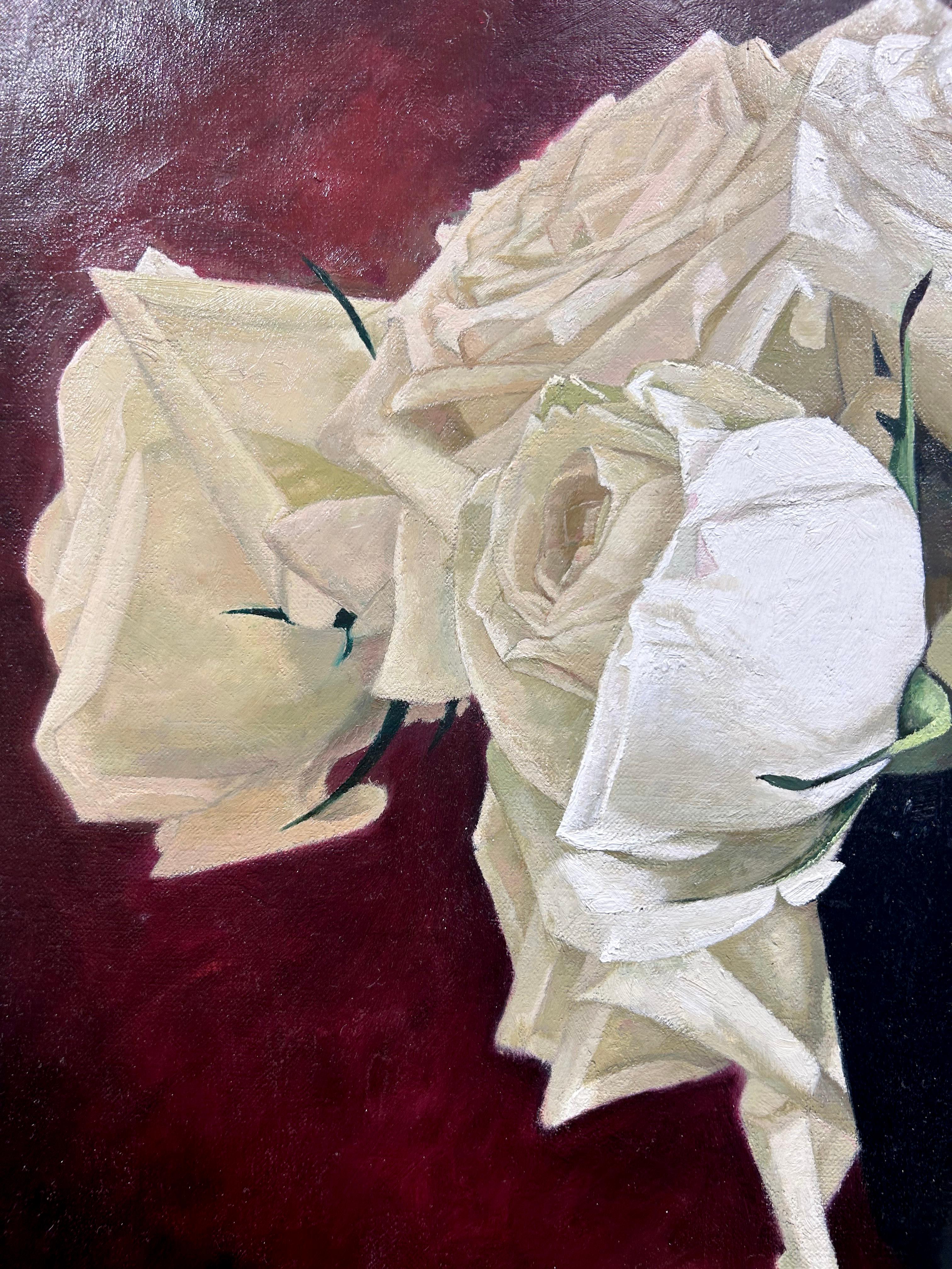 Yin Yong Chun, „Weiße Rosen“, 24x30 Blumenstillleben, Ölgemälde auf Leinwand im Angebot 4