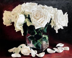 Yin Yong Chun, "White Roses", 24x30 Floral Still Life Oil Painting on Canvas