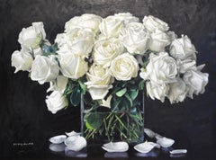 Yin Yong Chun, "White Roses", 32x43 Fresh Floral Oil Painting on Canvas 