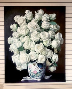 Yin Yong Chun, "White Roses with China Pot" 60x48 Floral Still Life Oil Painting