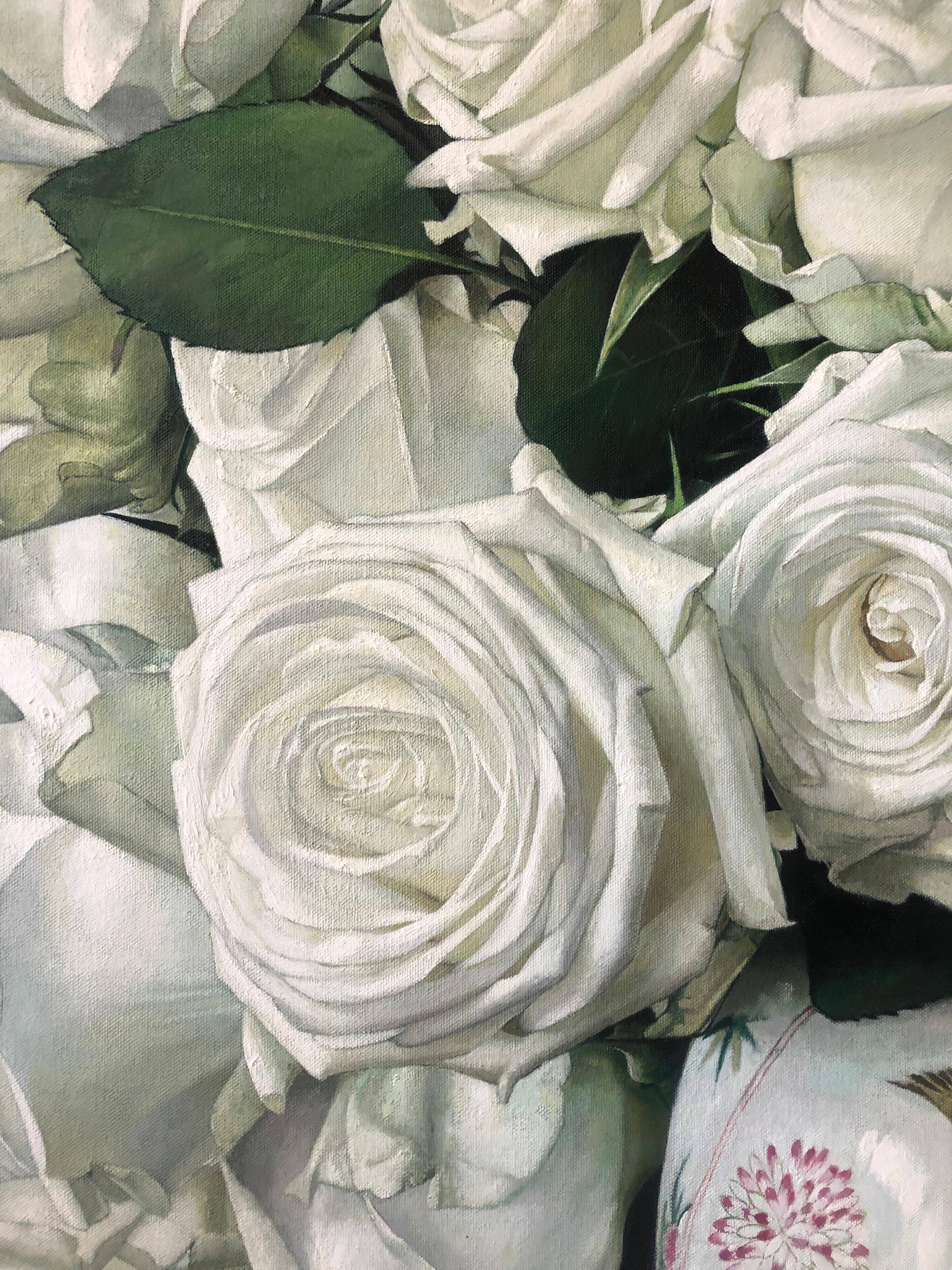 Yin Yong Chun, „Weiße Rosen mit chinesischem Topf“, 60x48, Blumenstillleben, Ölgemälde im Angebot 6