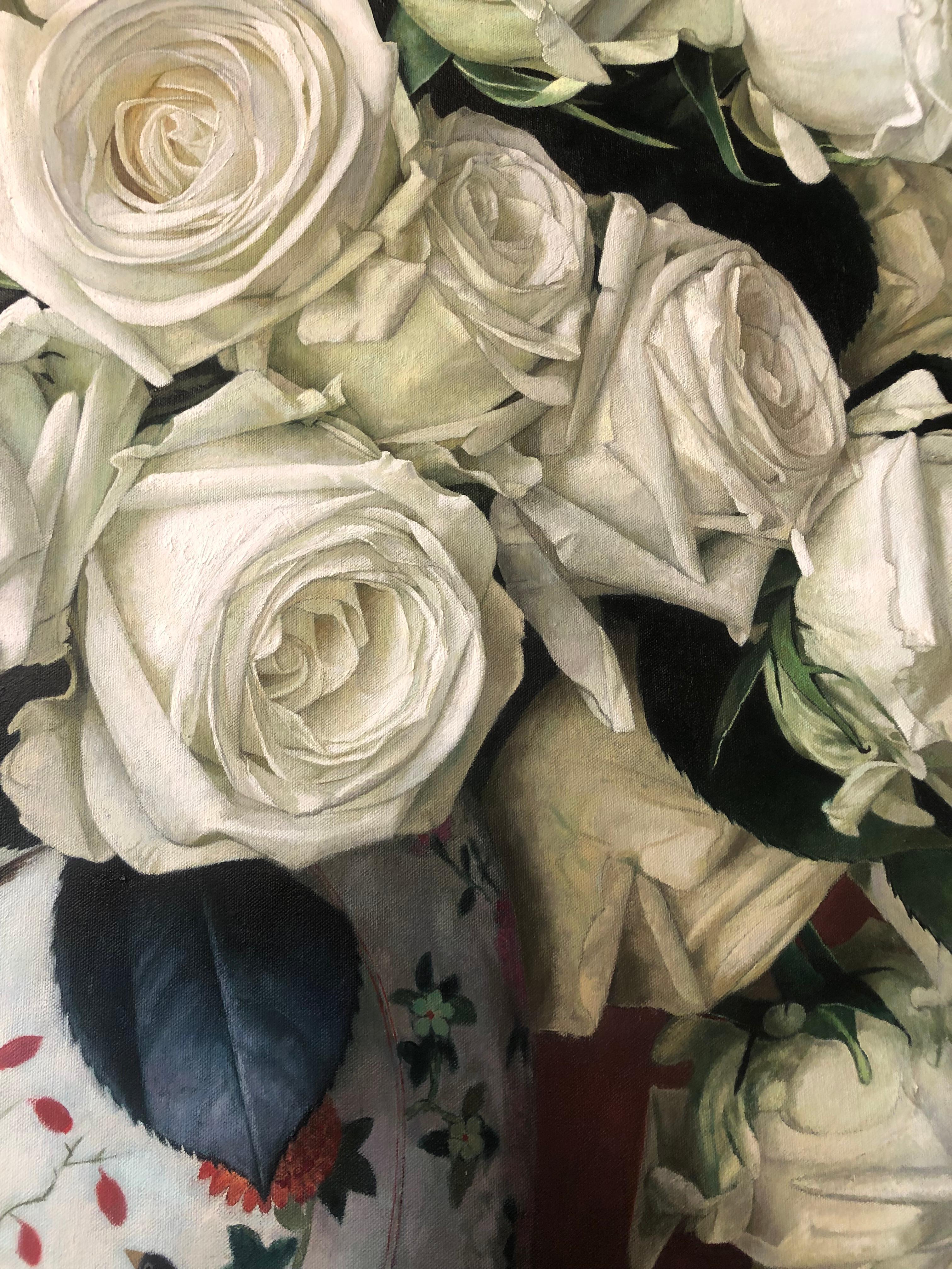 Yin Yong Chun, „Weiße Rosen mit chinesischem Topf“, 60x48, Blumenstillleben, Ölgemälde im Angebot 7