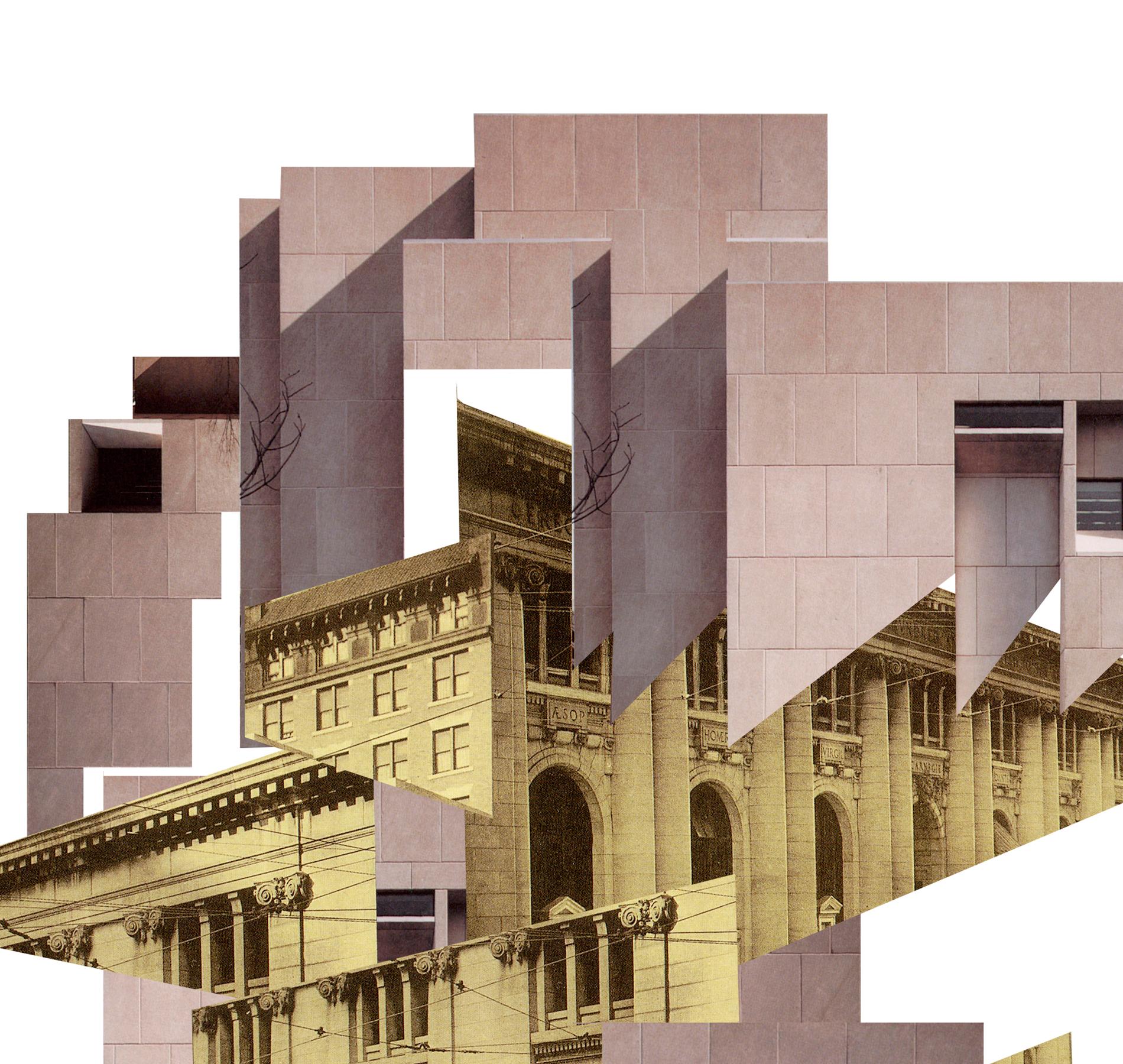 Die Serie Lost in transition: Das Kunstwerk nutzt die Collage, um die verschnörkelten Merkmale der traditionellen Architektur mit der strengen Geometrie der Moderne zu verschmelzen. Diese Dualität innerhalb des Werks verdeutlicht die Reise der Stadt