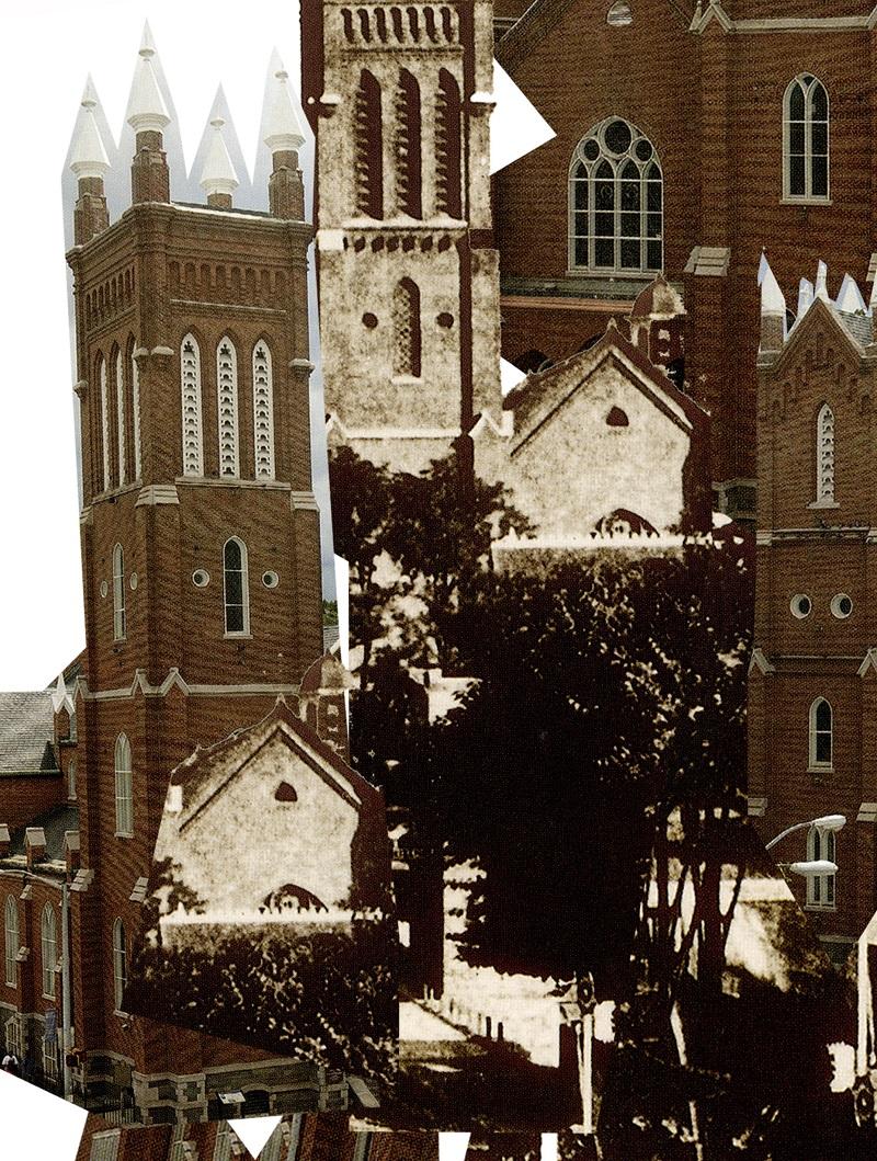 L'œuvre d'art utilise le collage pour fusionner les caractéristiques ornementales de l'architecture traditionnelle avec une géométrie moderniste austère. Cette dualité au sein de la pièce souligne le voyage de la ville à travers le temps,